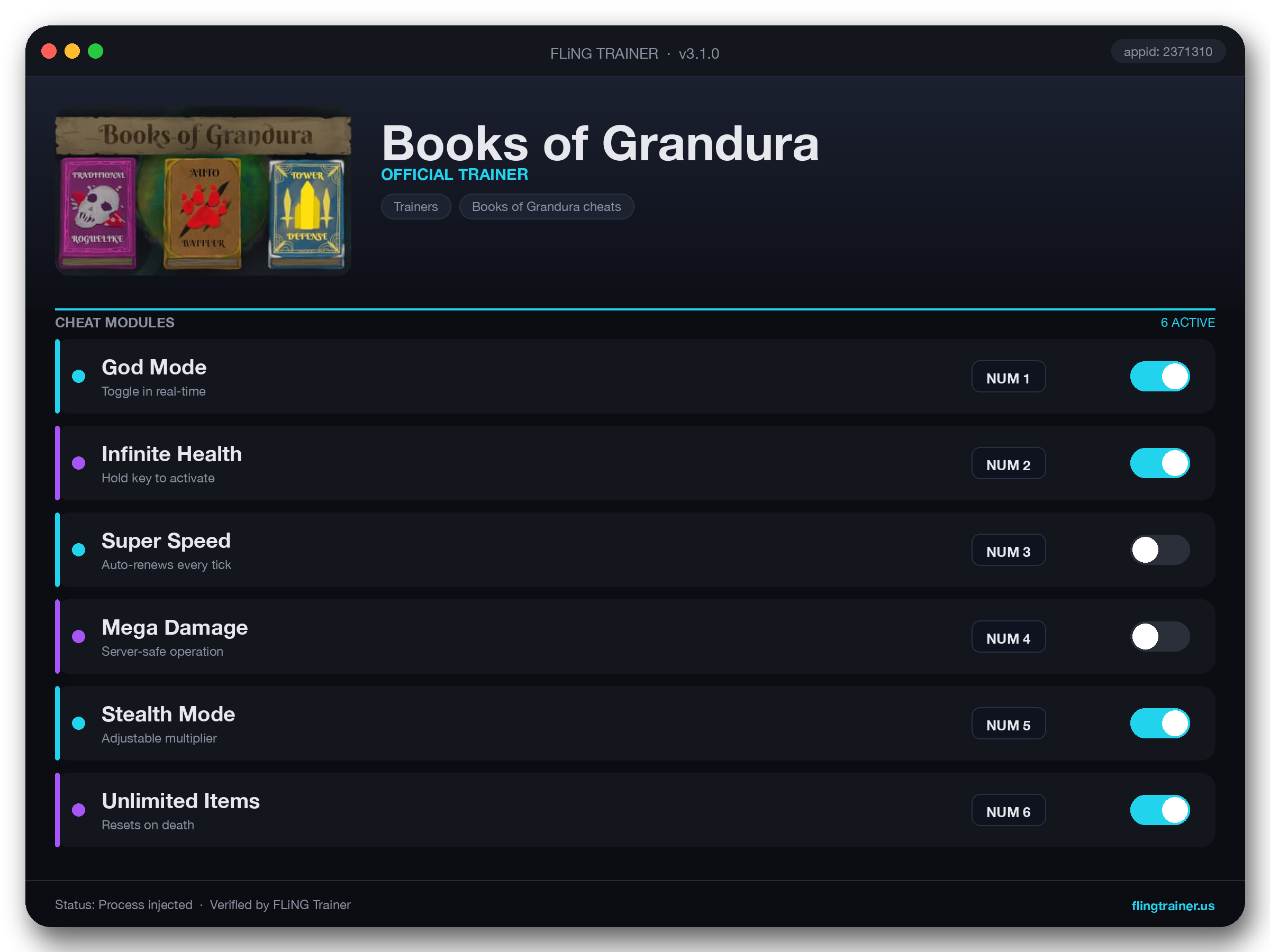Books of Grandura Trainer interface