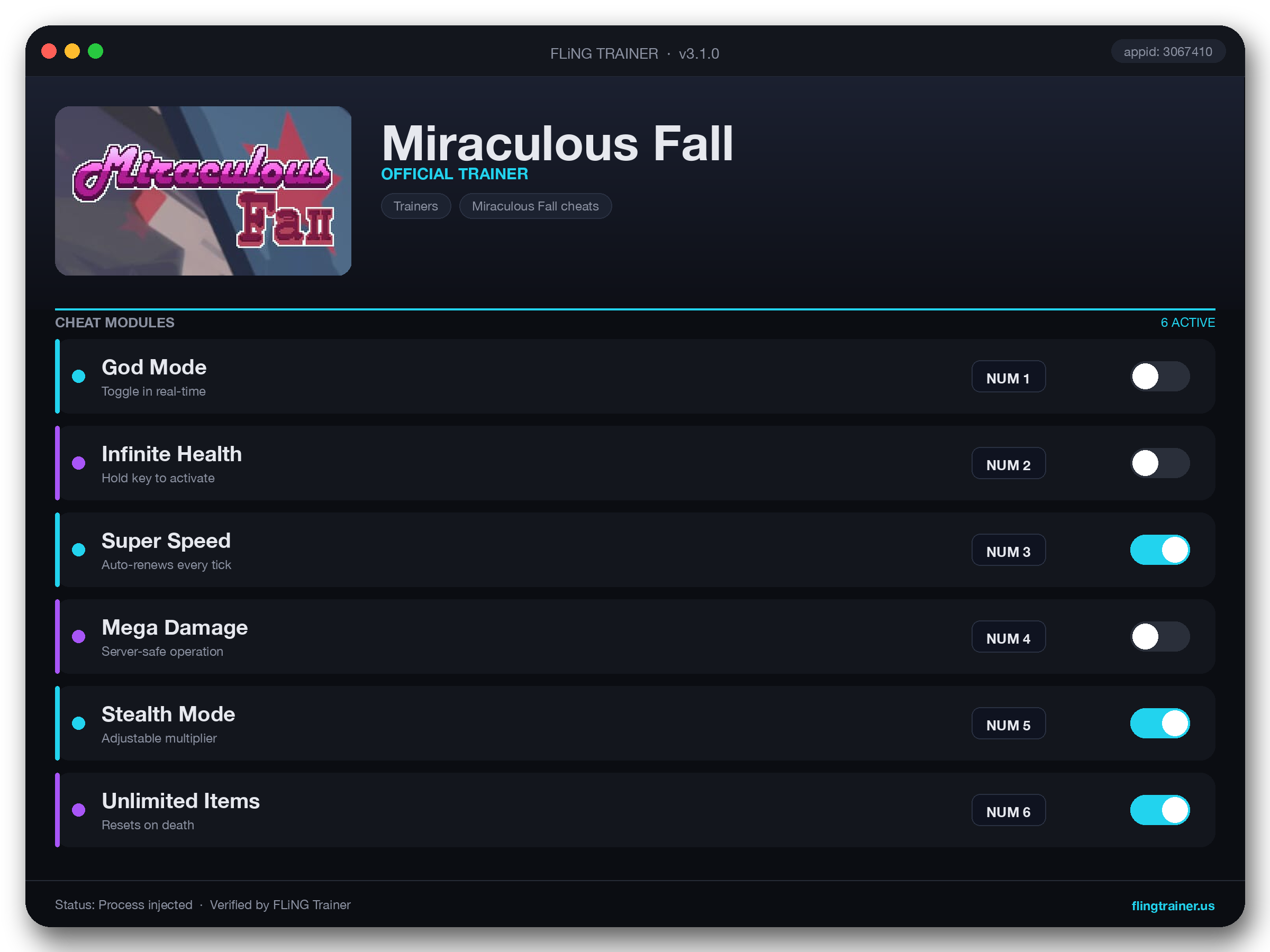 Miraculous Fall Trainer interface
