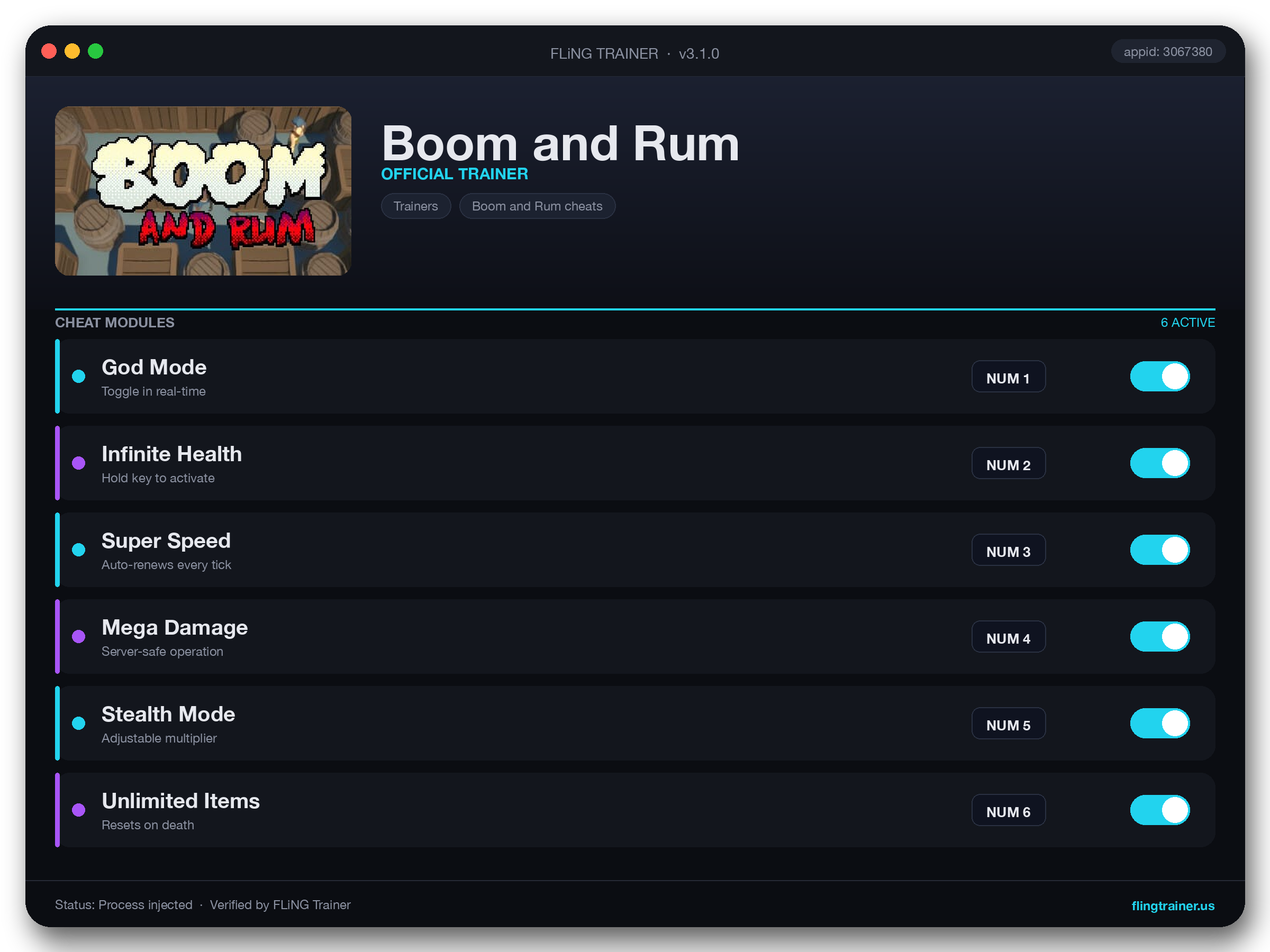 Boom and Rum Trainer interface