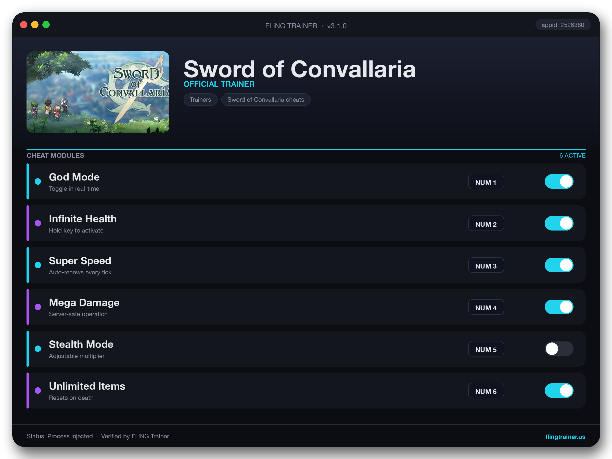 Sword of Convallaria Trainer interface