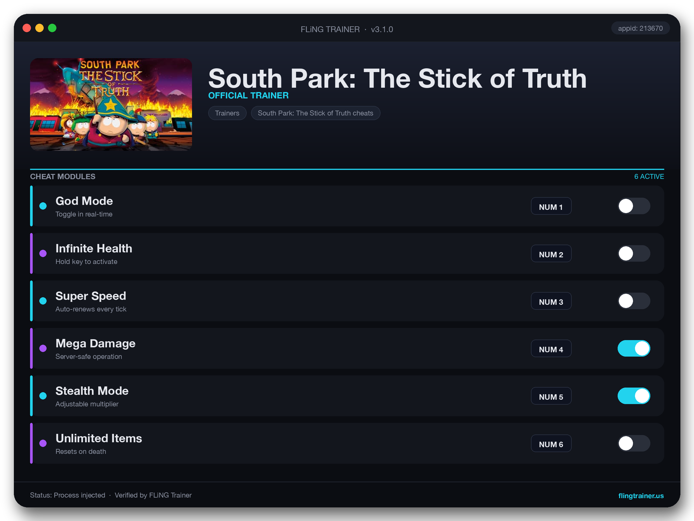 South Park: The Stick of Truth Trainer interface