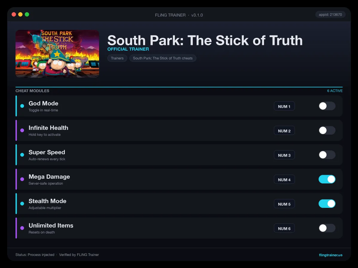 South Park: The Stick of Truth Trainer interface