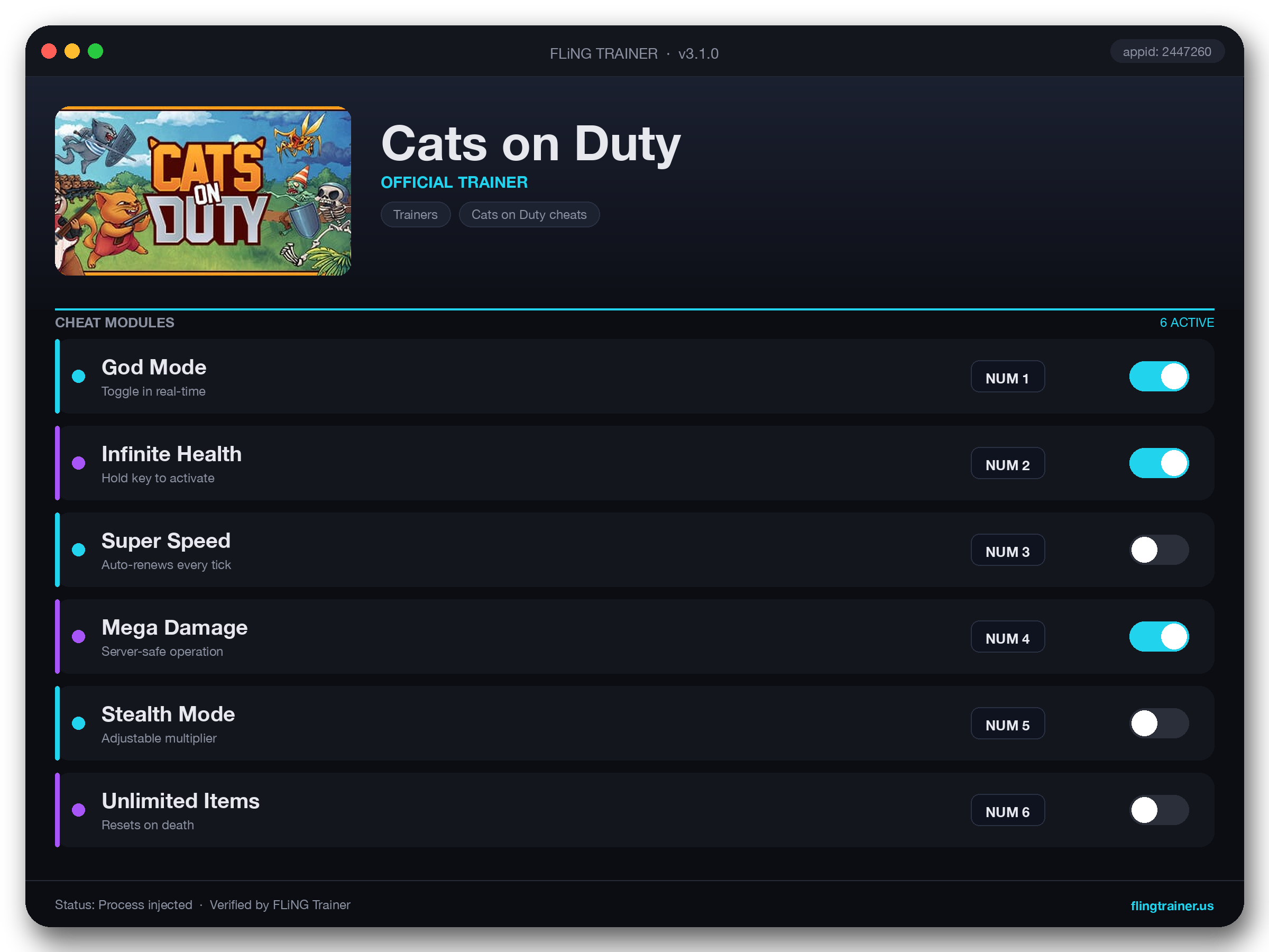 Cats on Duty Trainer interface