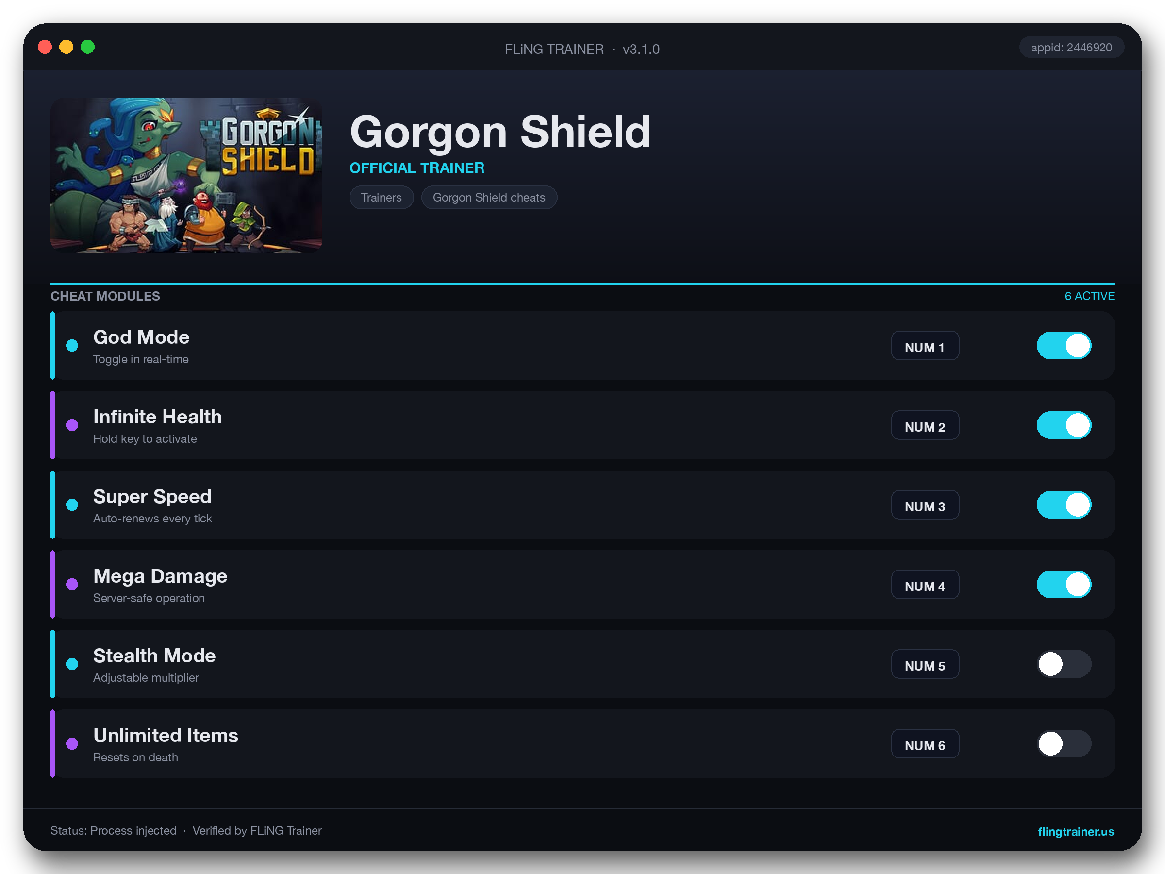 Gorgon Shield Trainer interface