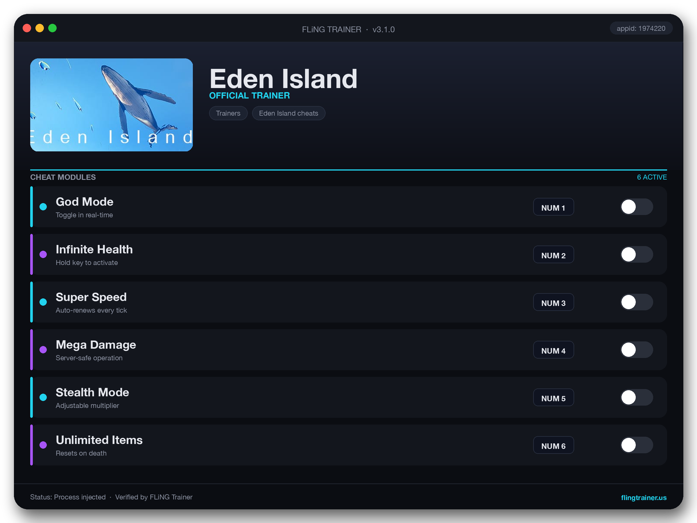 Eden Island Trainer interface