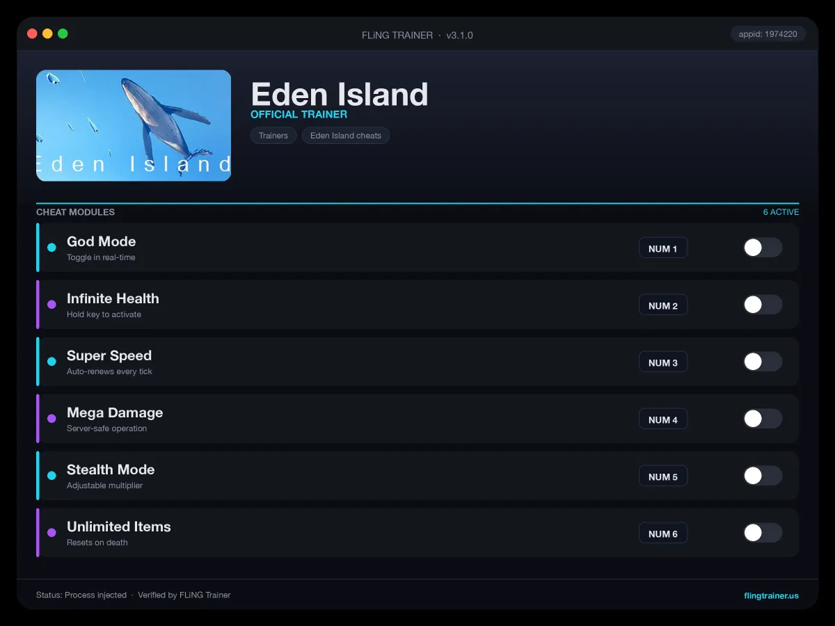 Eden Island Trainer interface