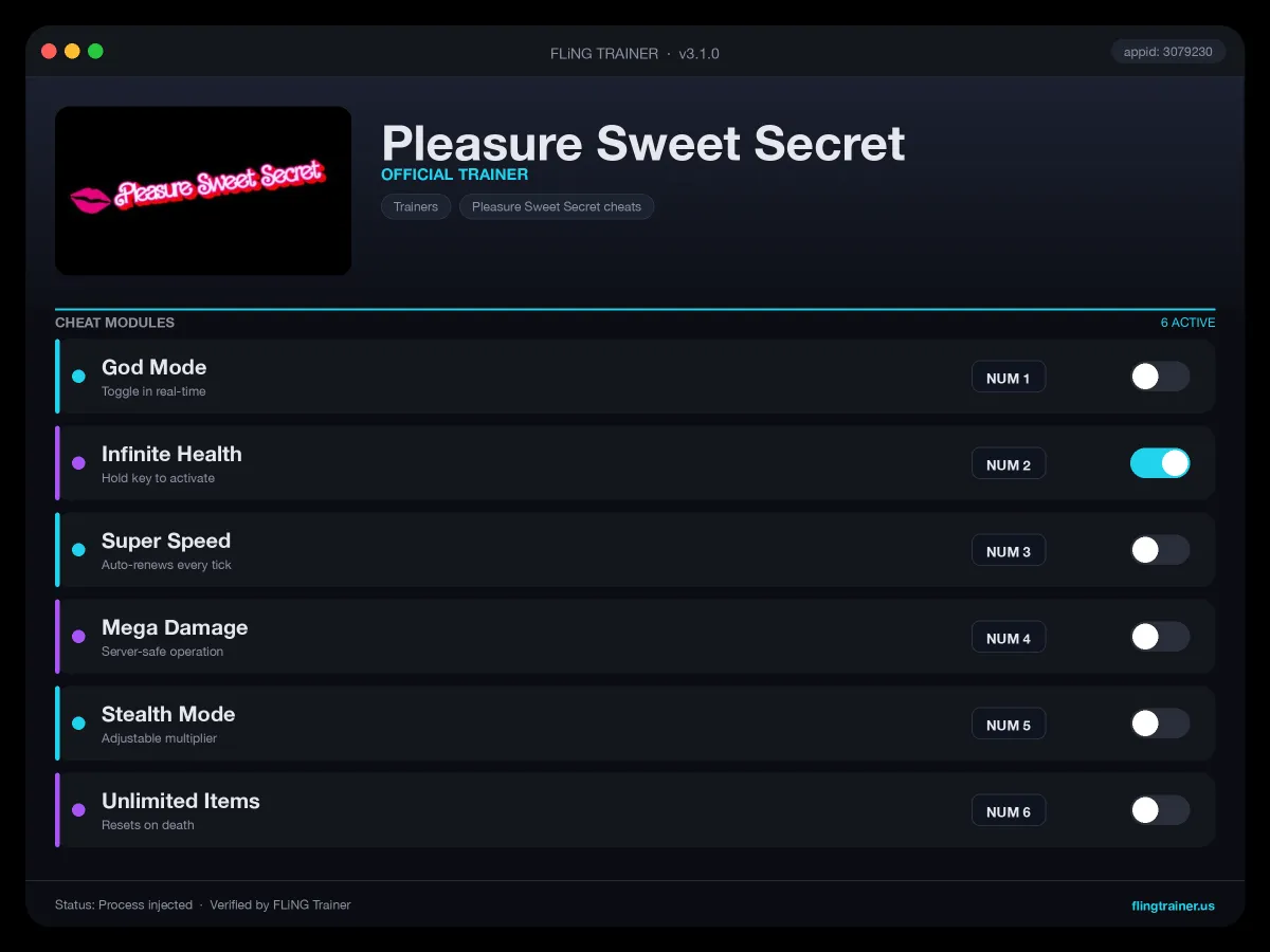 Pleasure Sweet Secret Trainer interface