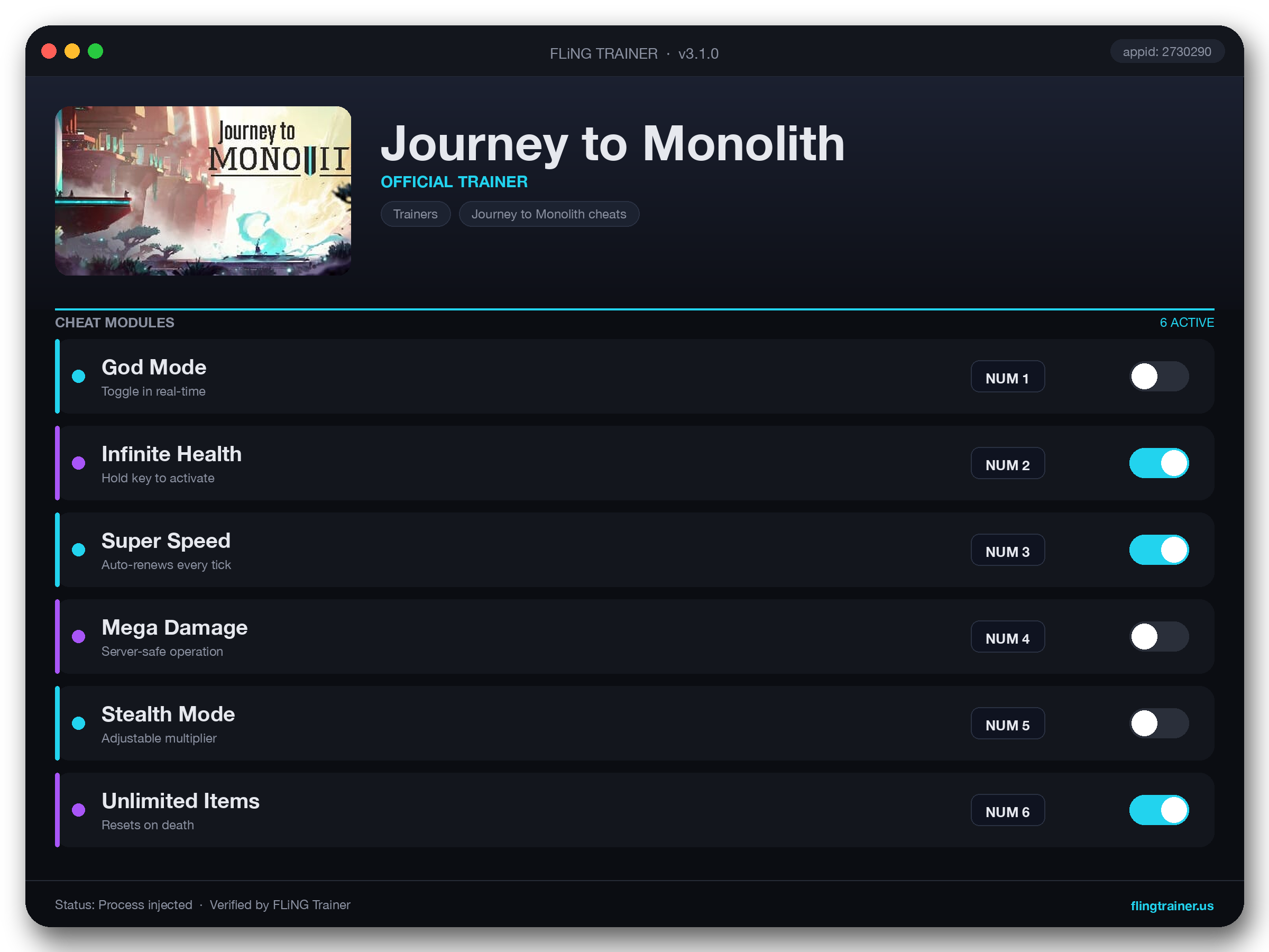 Journey to Monolith Trainer interface