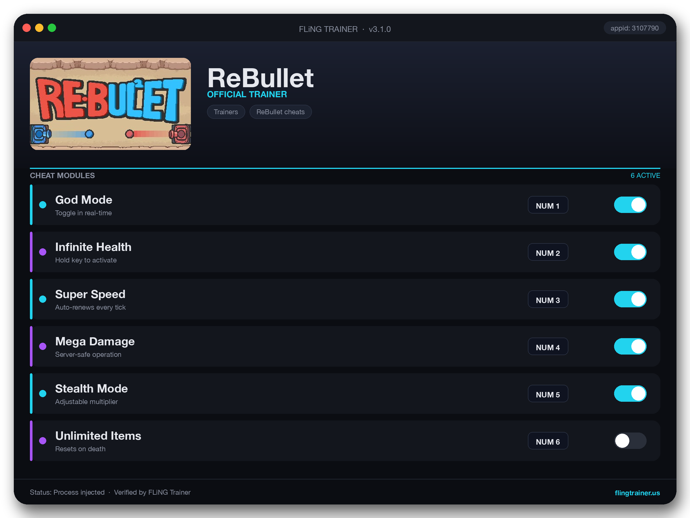 ReBullet Trainer interface