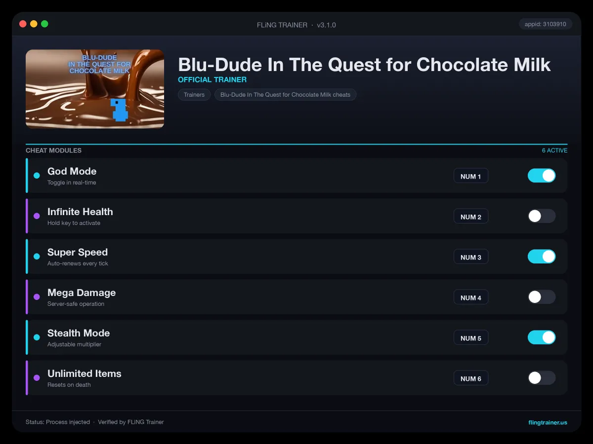 Blu-Dude In The Quest for Chocolate Milk Trainer interface