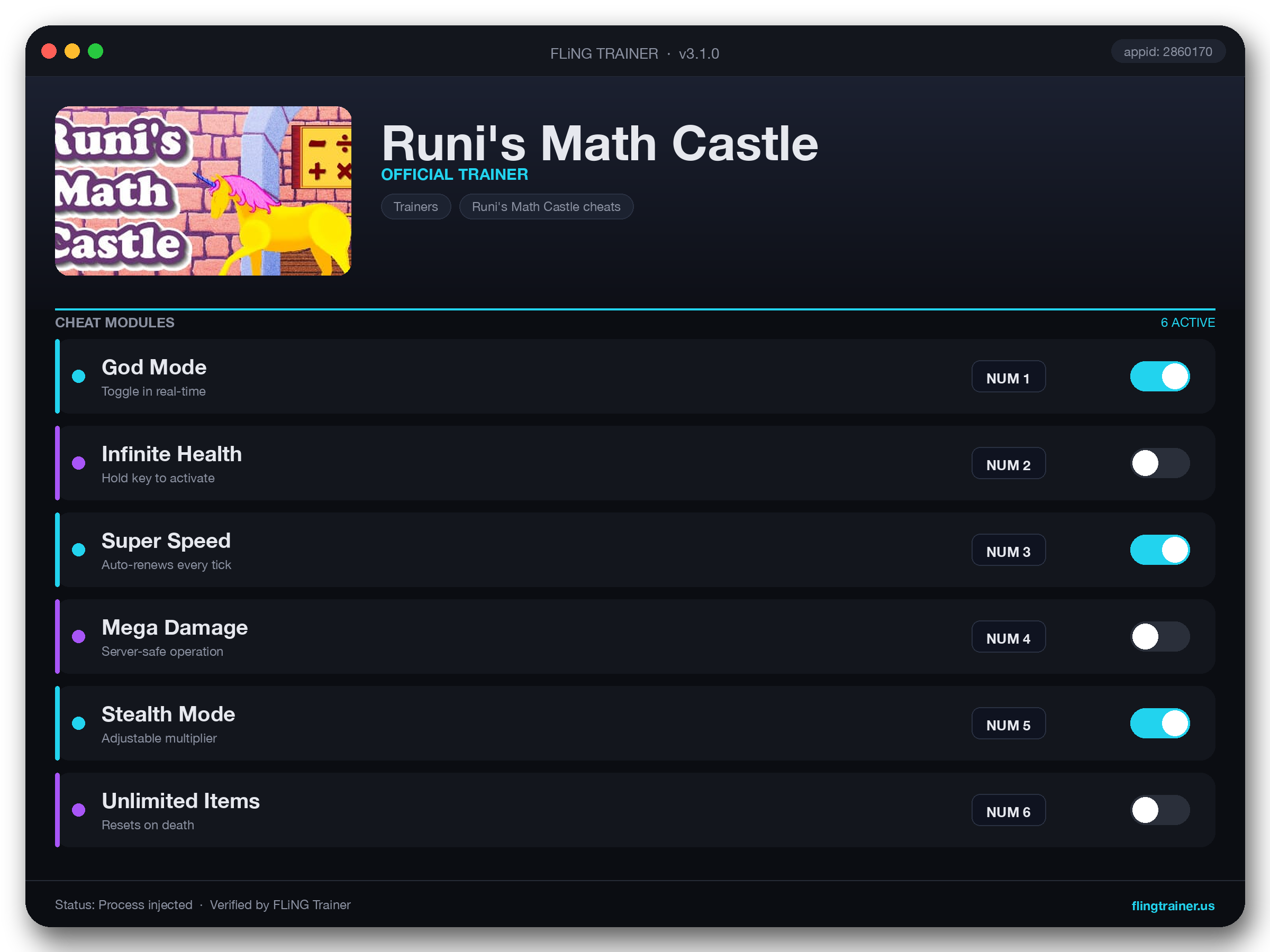 Runi's Math Castle Trainer interface