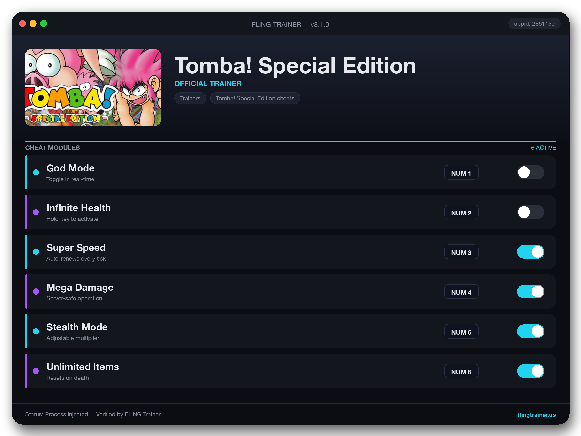 Tomba! Special Edition Trainer interface