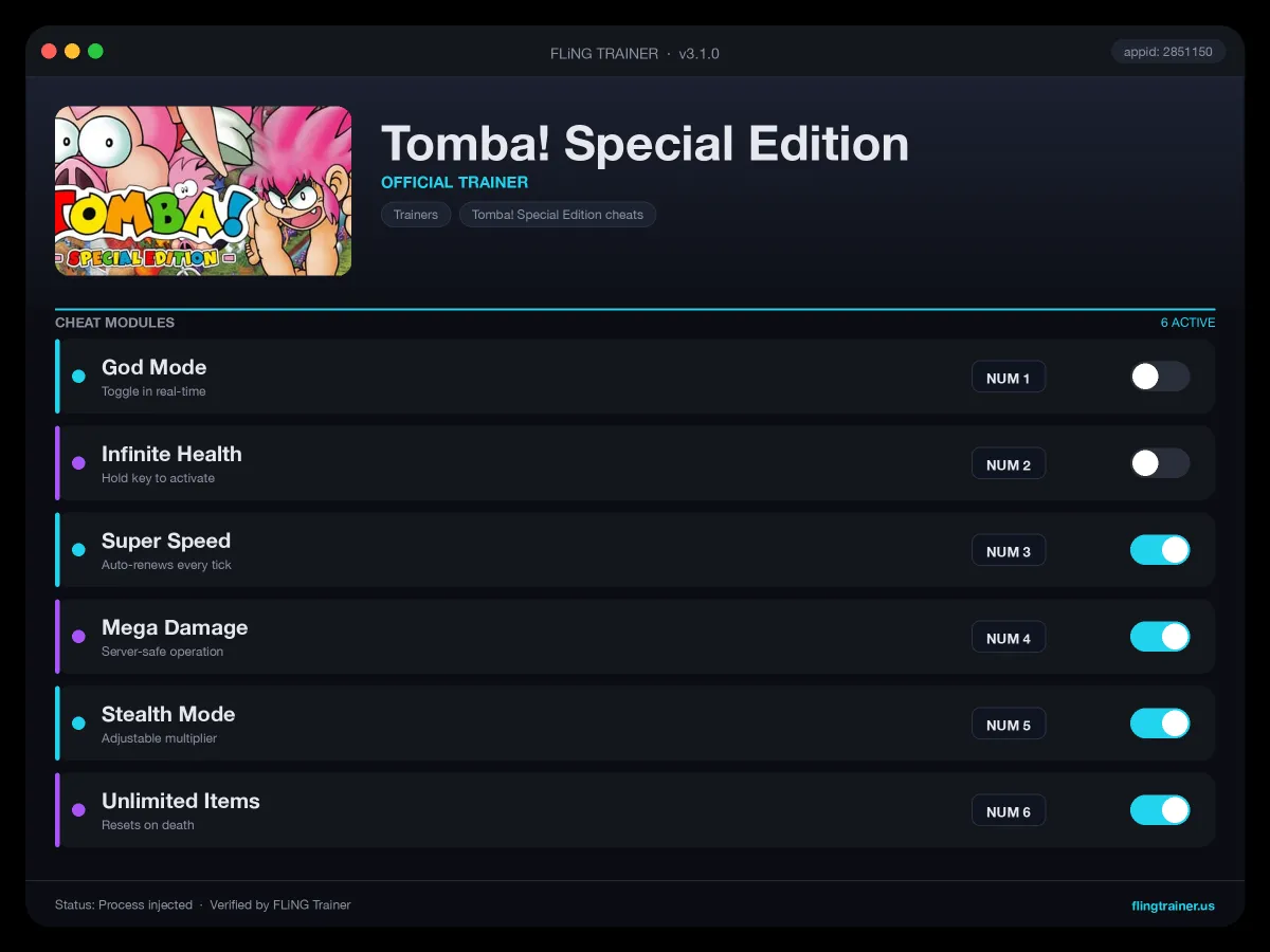 Tomba! Special Edition Trainer interface
