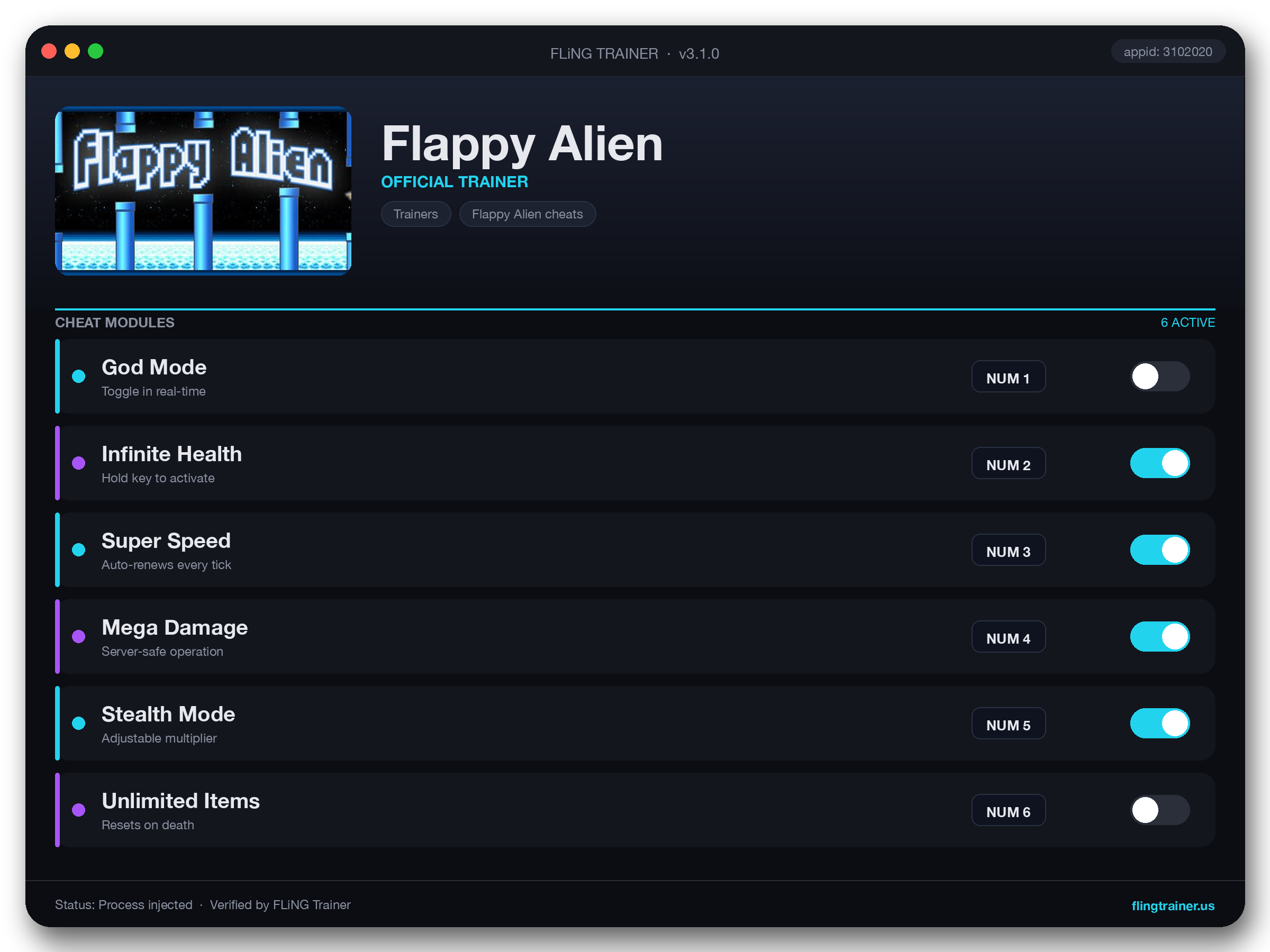 Flappy Alien Trainer interface