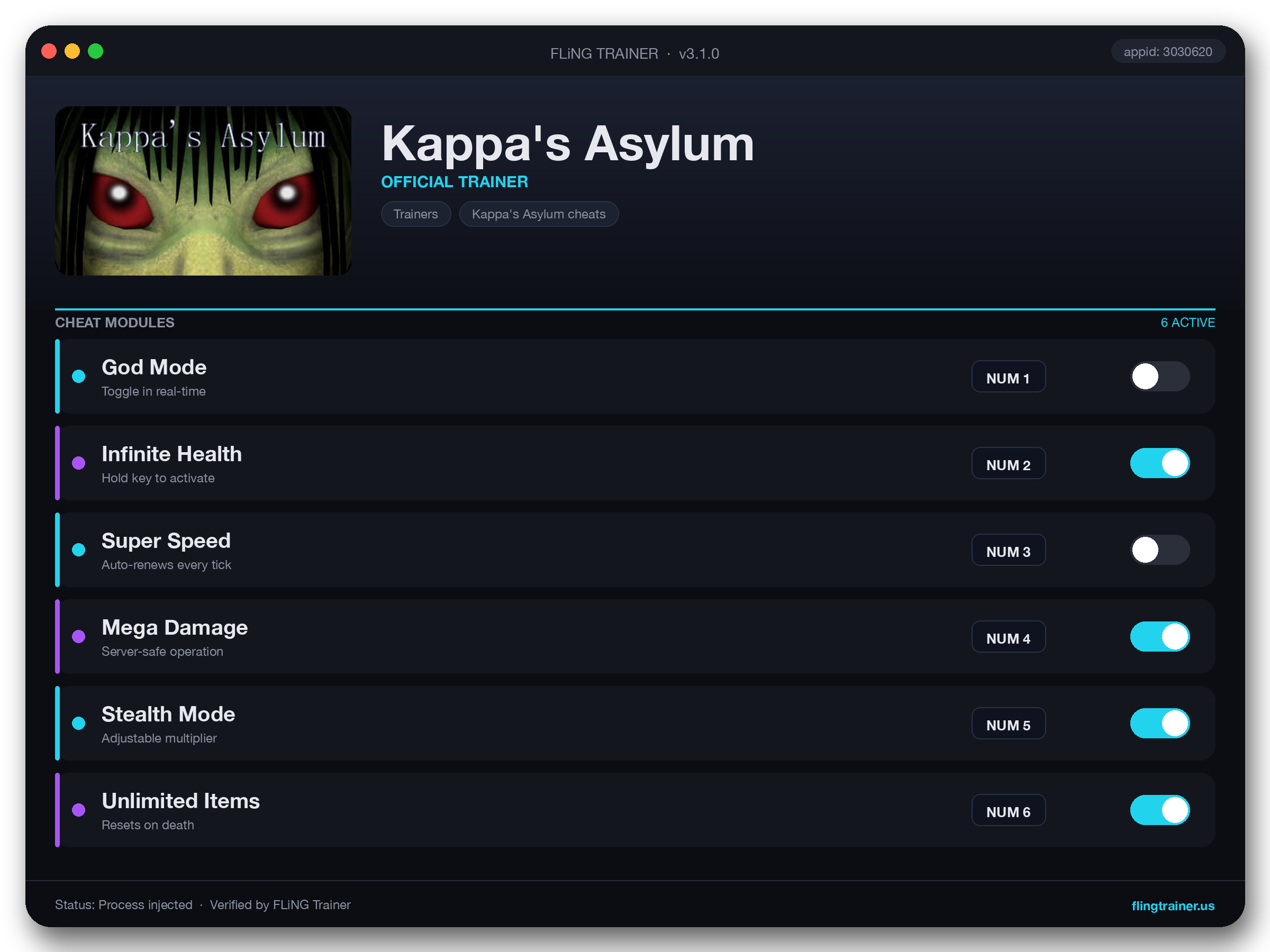 Kappa's Asylum Trainer interface