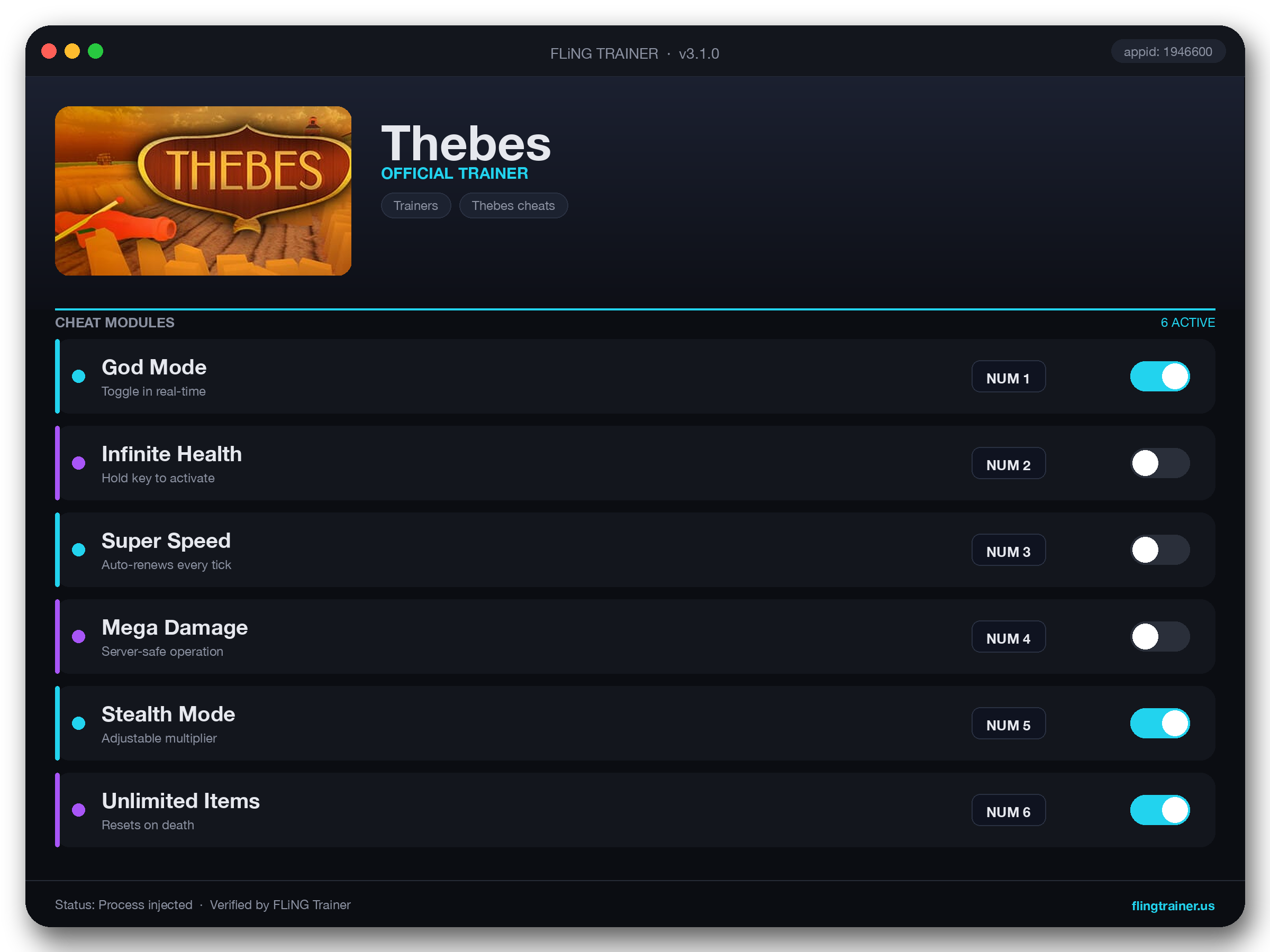 Thebes Trainer interface