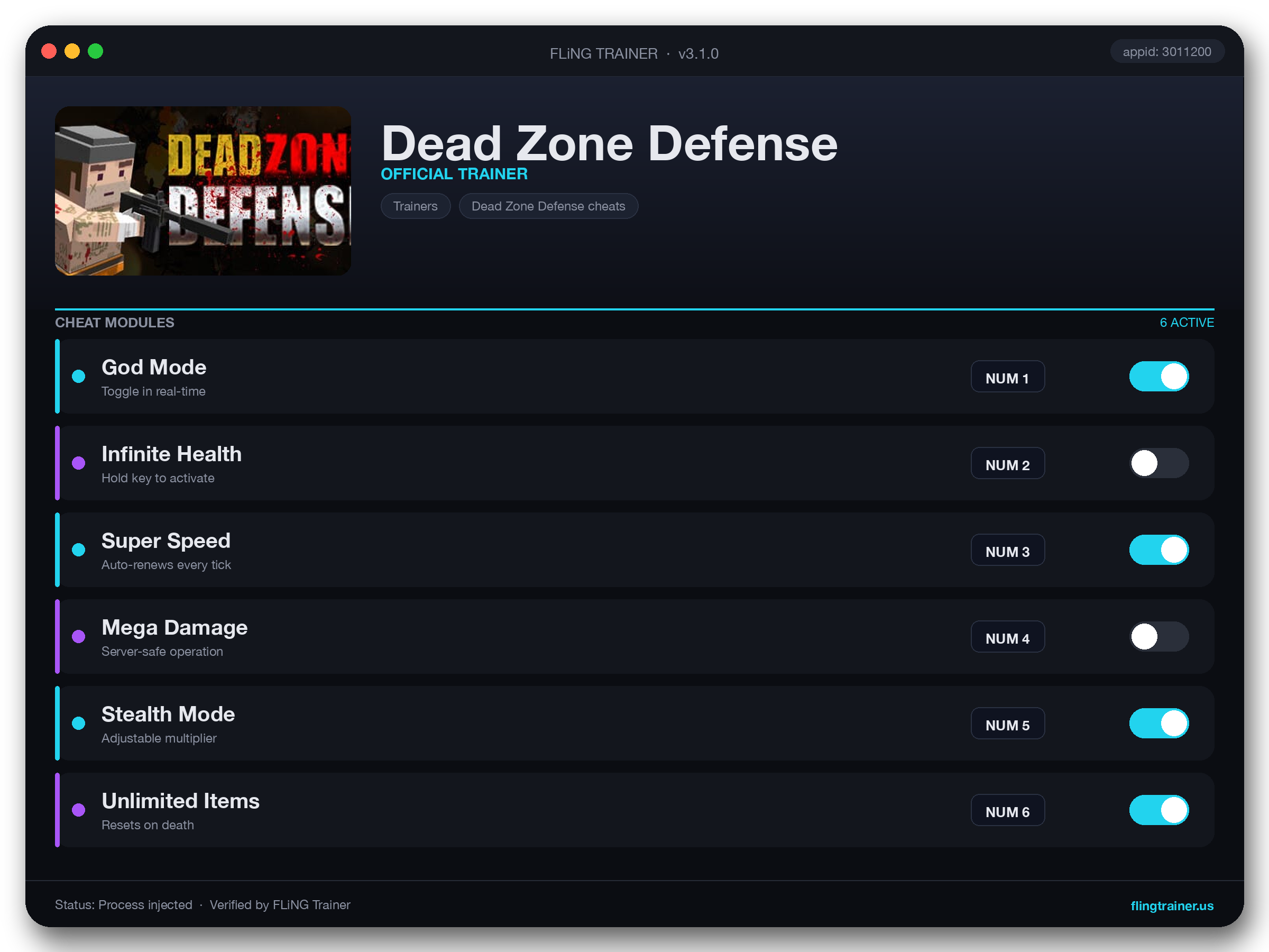 Dead Zone Defense Trainer interface