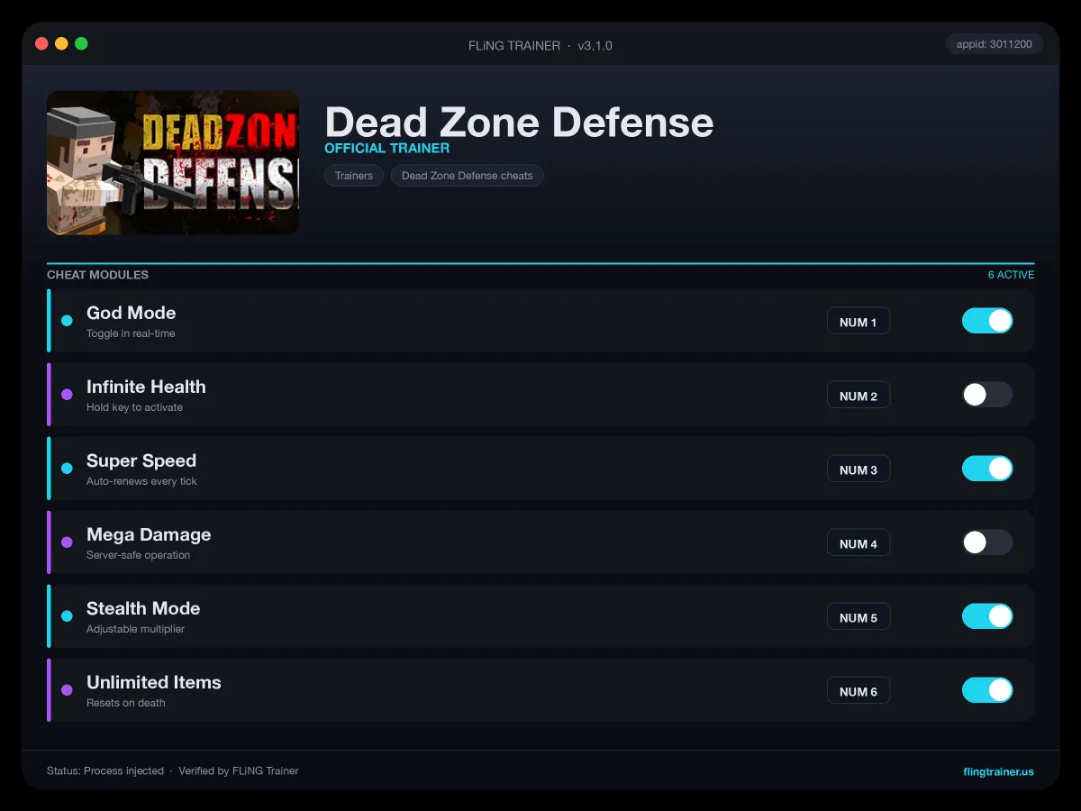 Dead Zone Defense Trainer interface