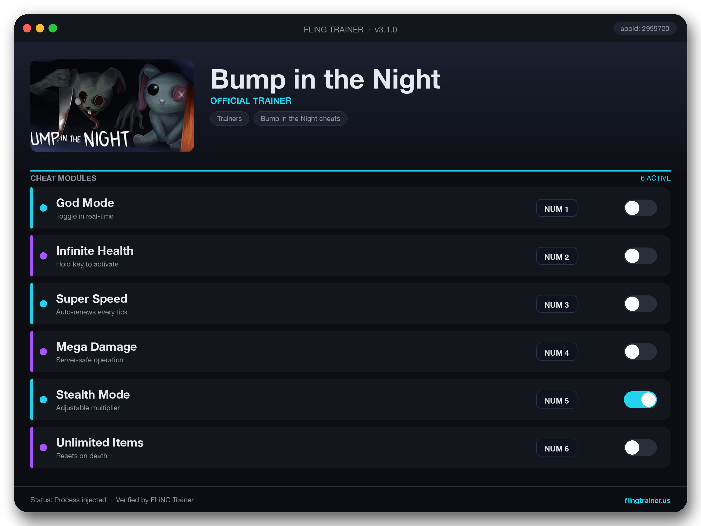 Bump in the Night Trainer interface