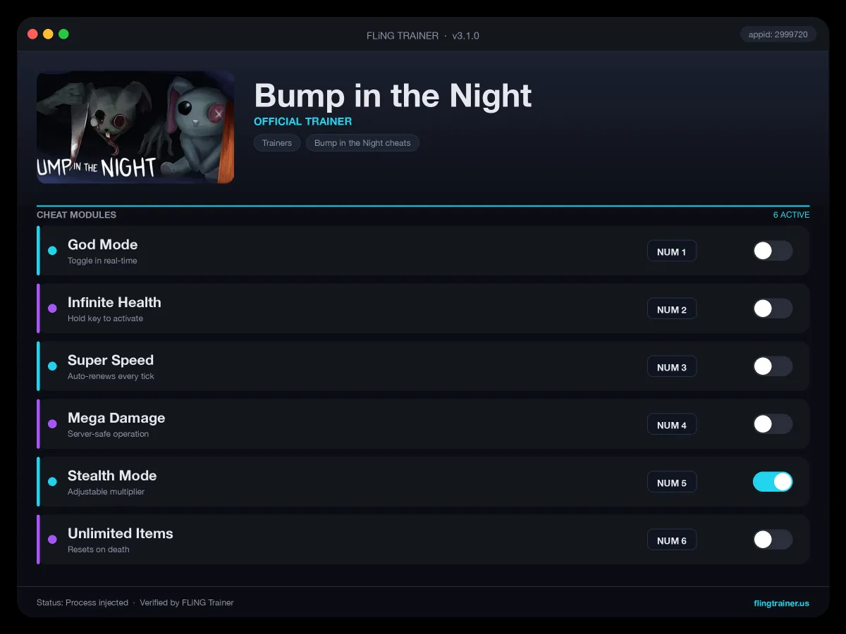 Bump in the Night Trainer interface
