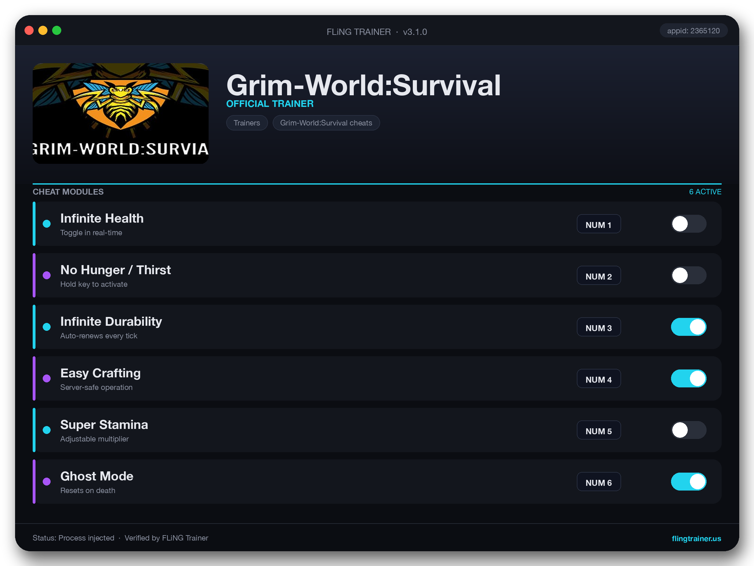 Grim-World:Survival Trainer interface