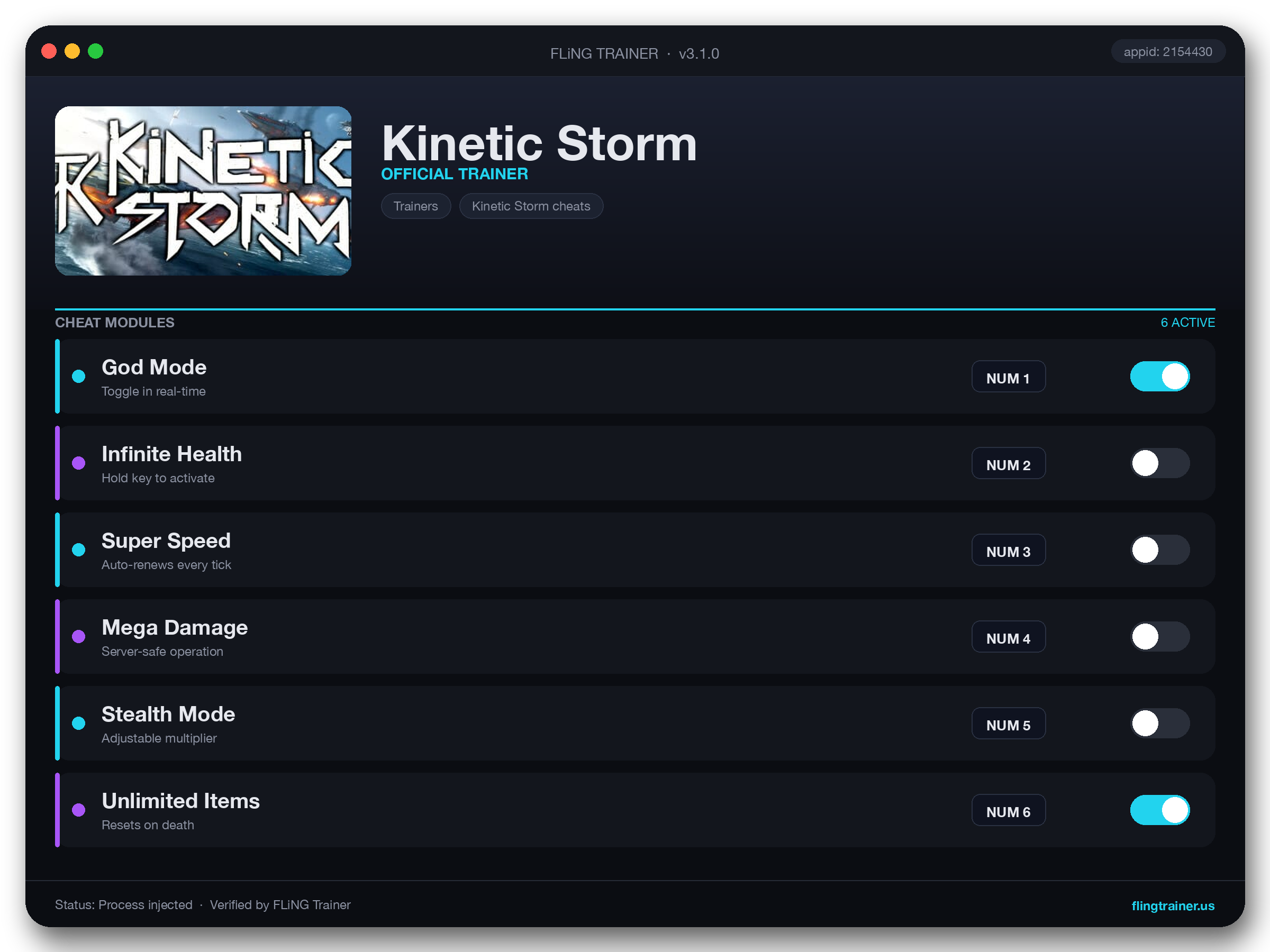Kinetic Storm Trainer interface