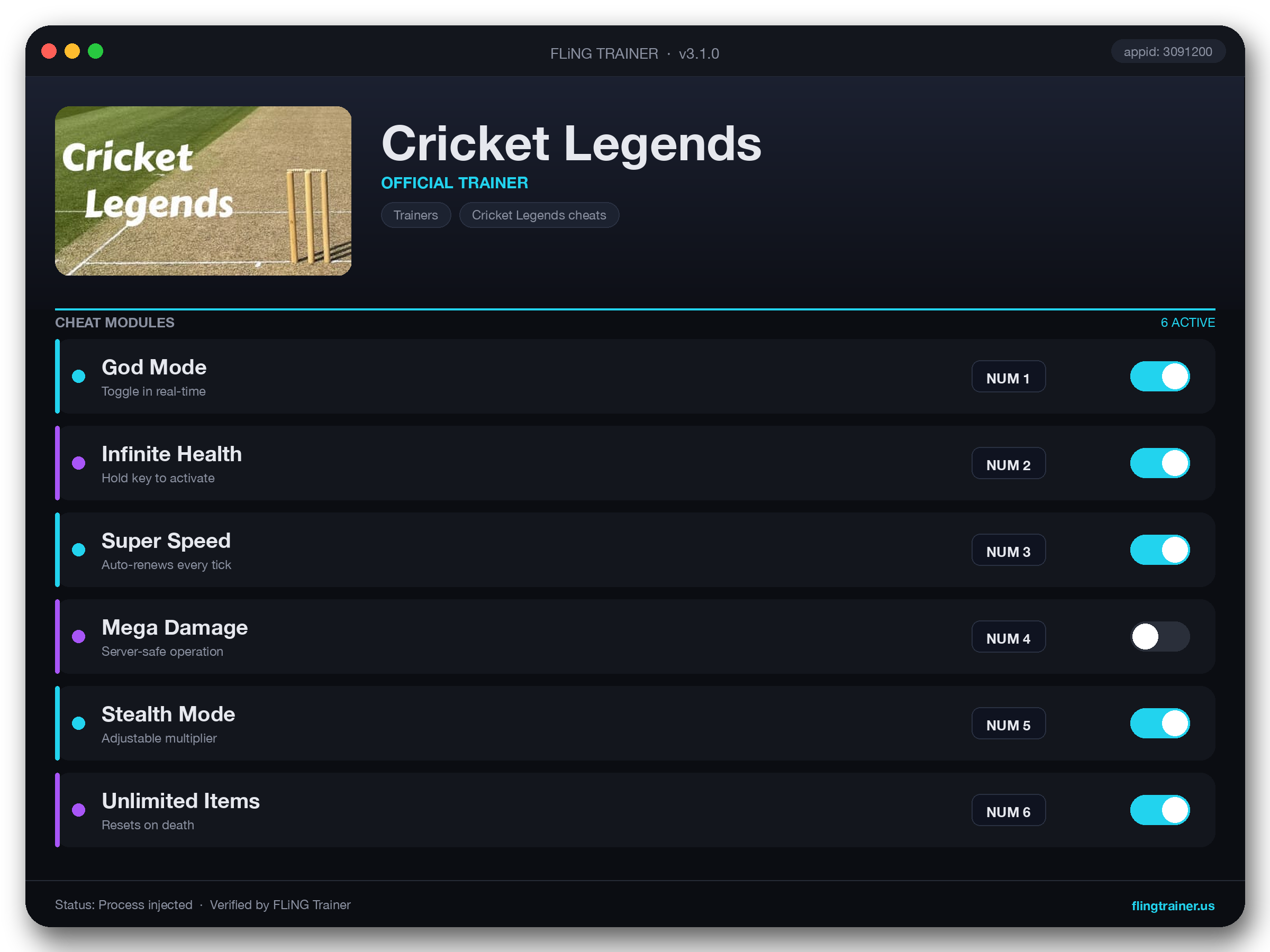 Cricket Legends Trainer interface