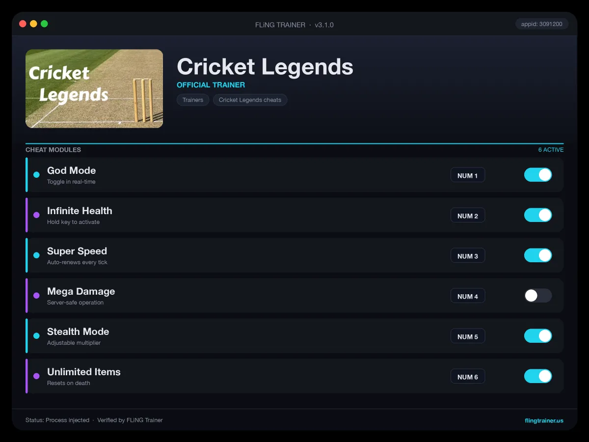 Cricket Legends Trainer interface