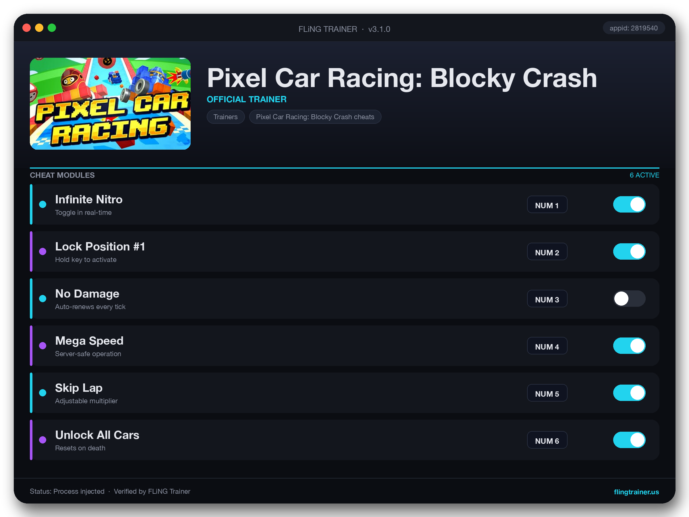 Pixel Car Racing: Blocky Crash Trainer interface