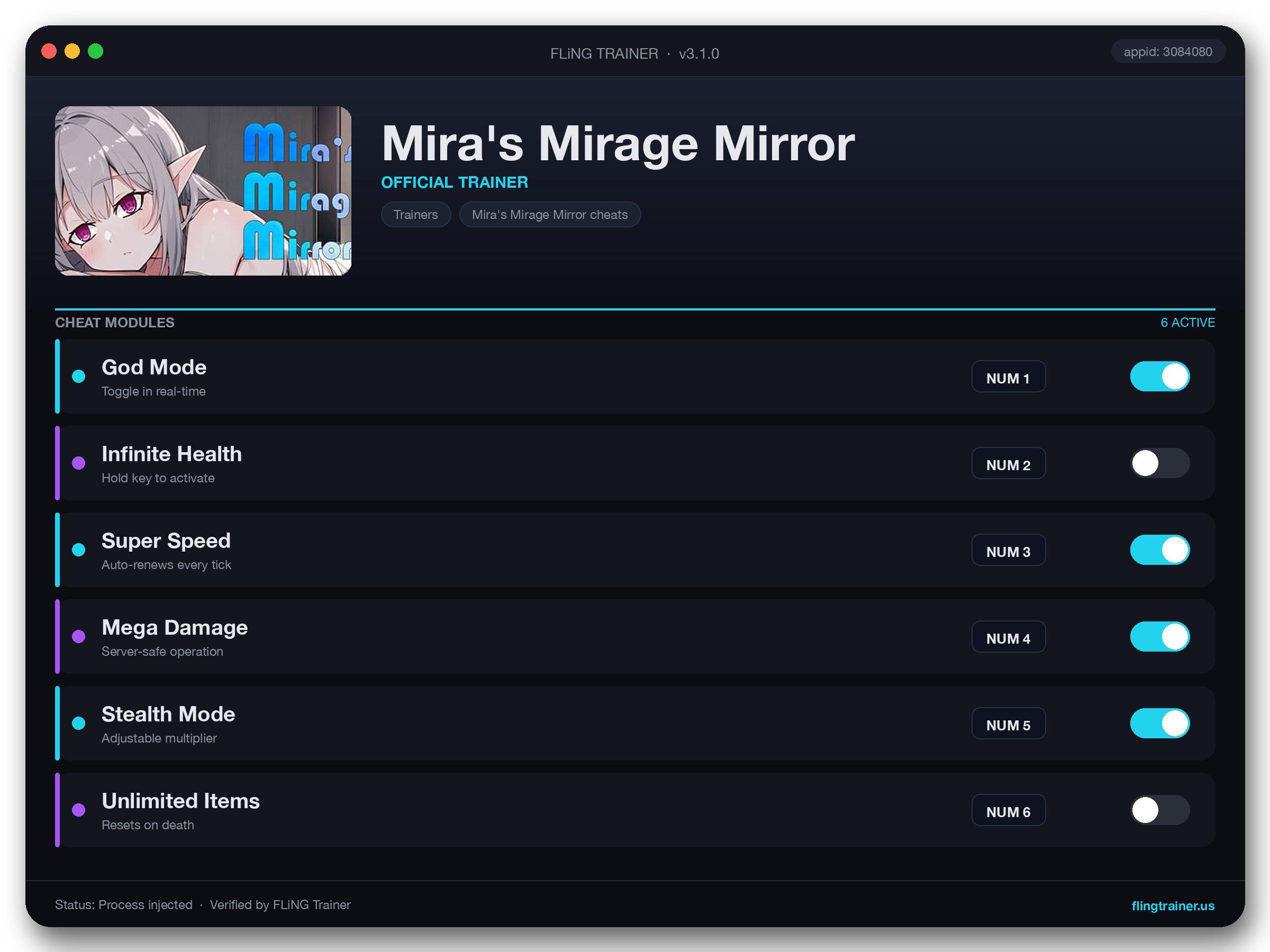 Mira's Mirage Mirror Trainer interface