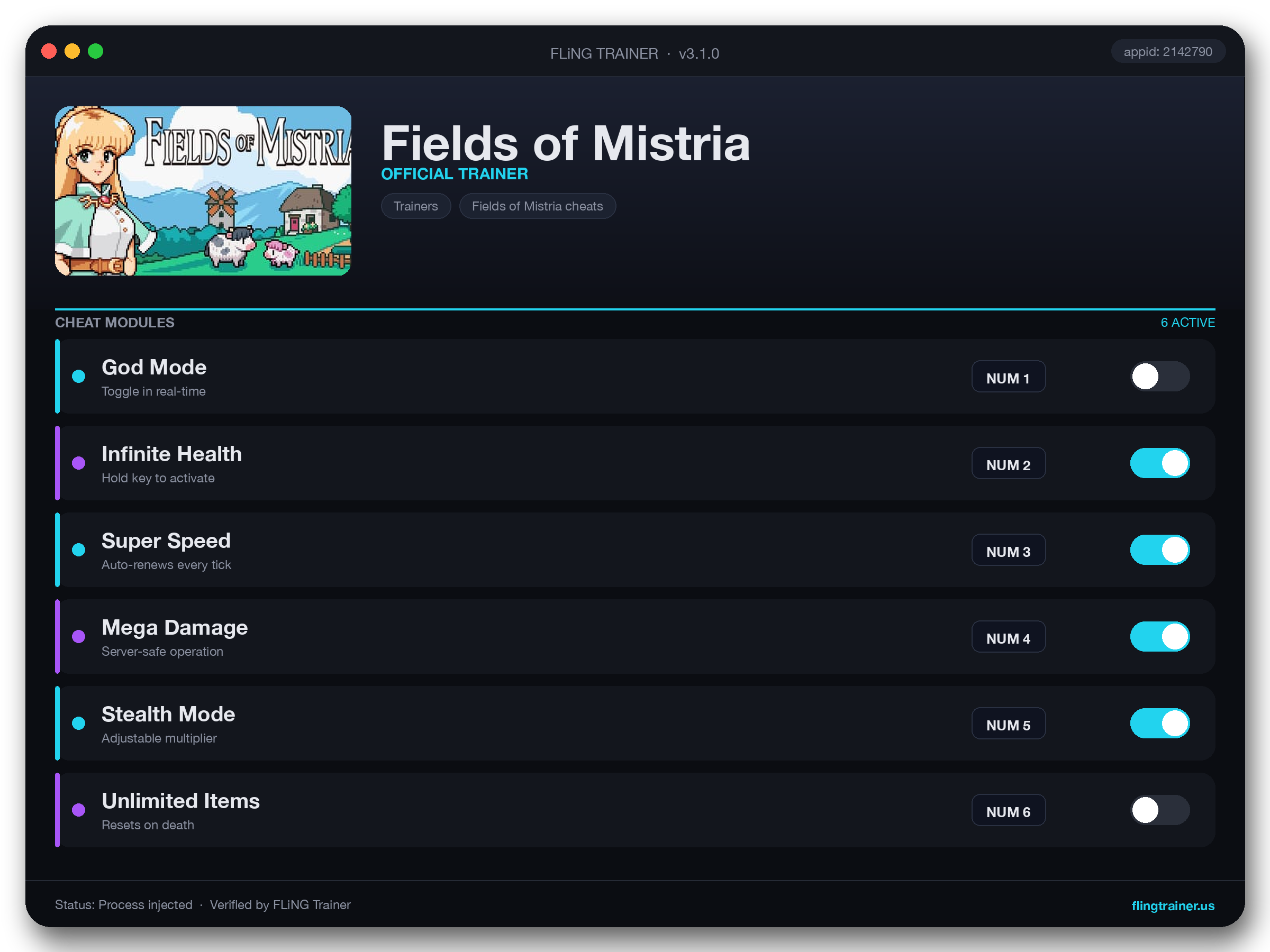 Fields of Mistria Trainer interface