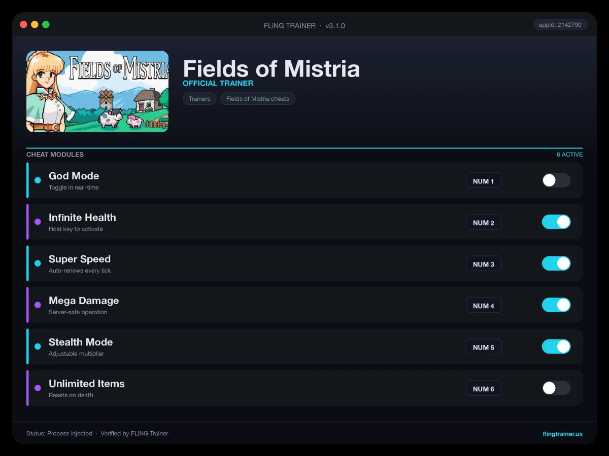 Fields of Mistria Trainer interface