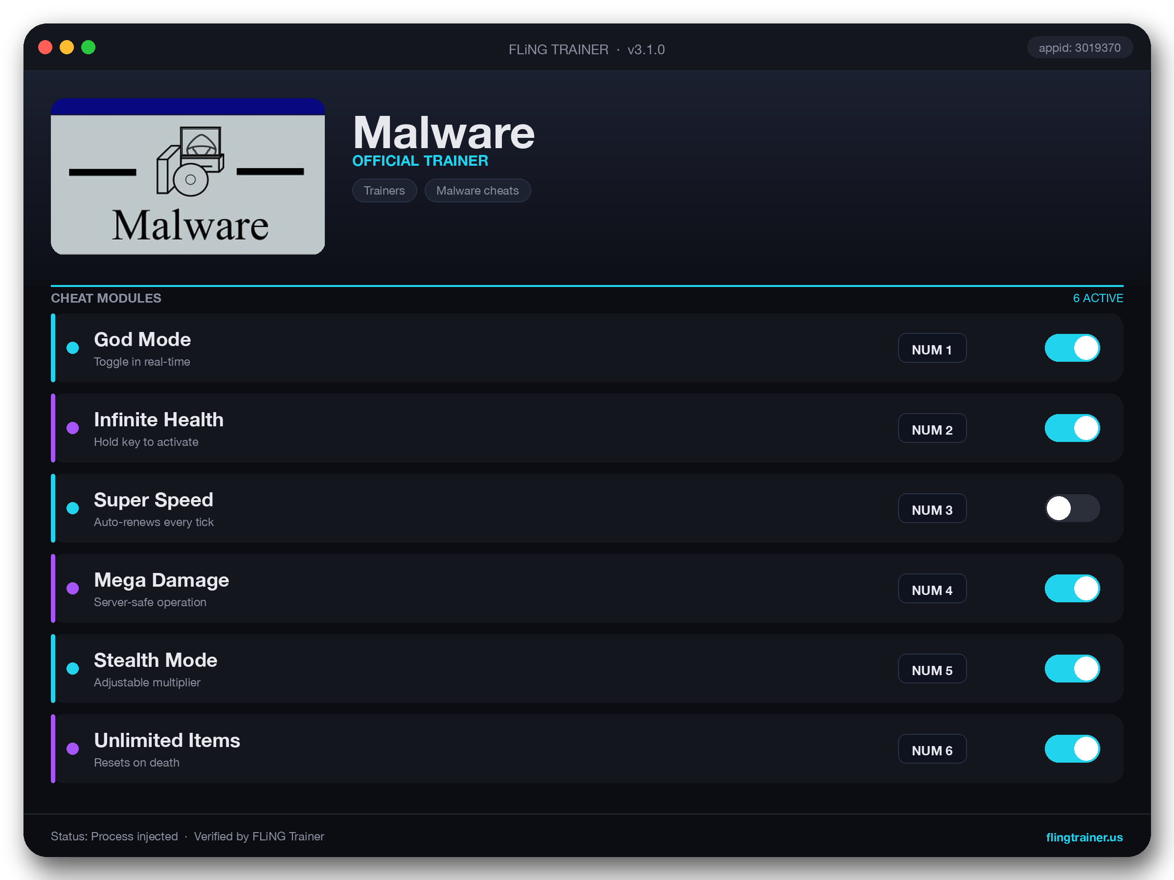 Malware Trainer interface