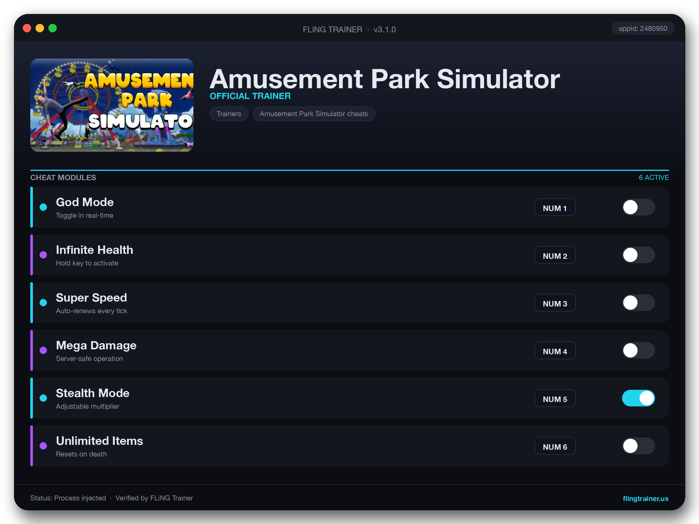 Amusement Park Simulator Trainer interface