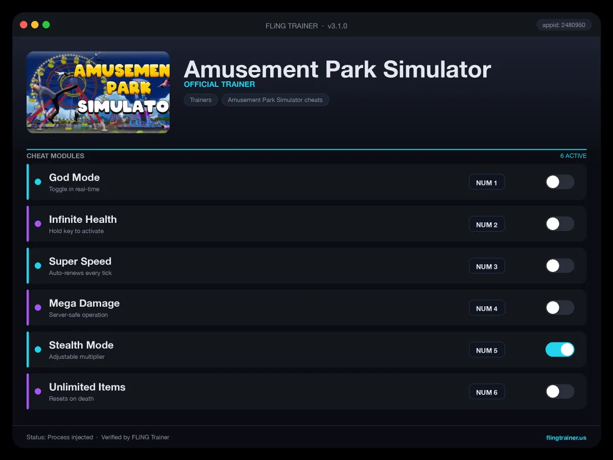 Amusement Park Simulator Trainer interface