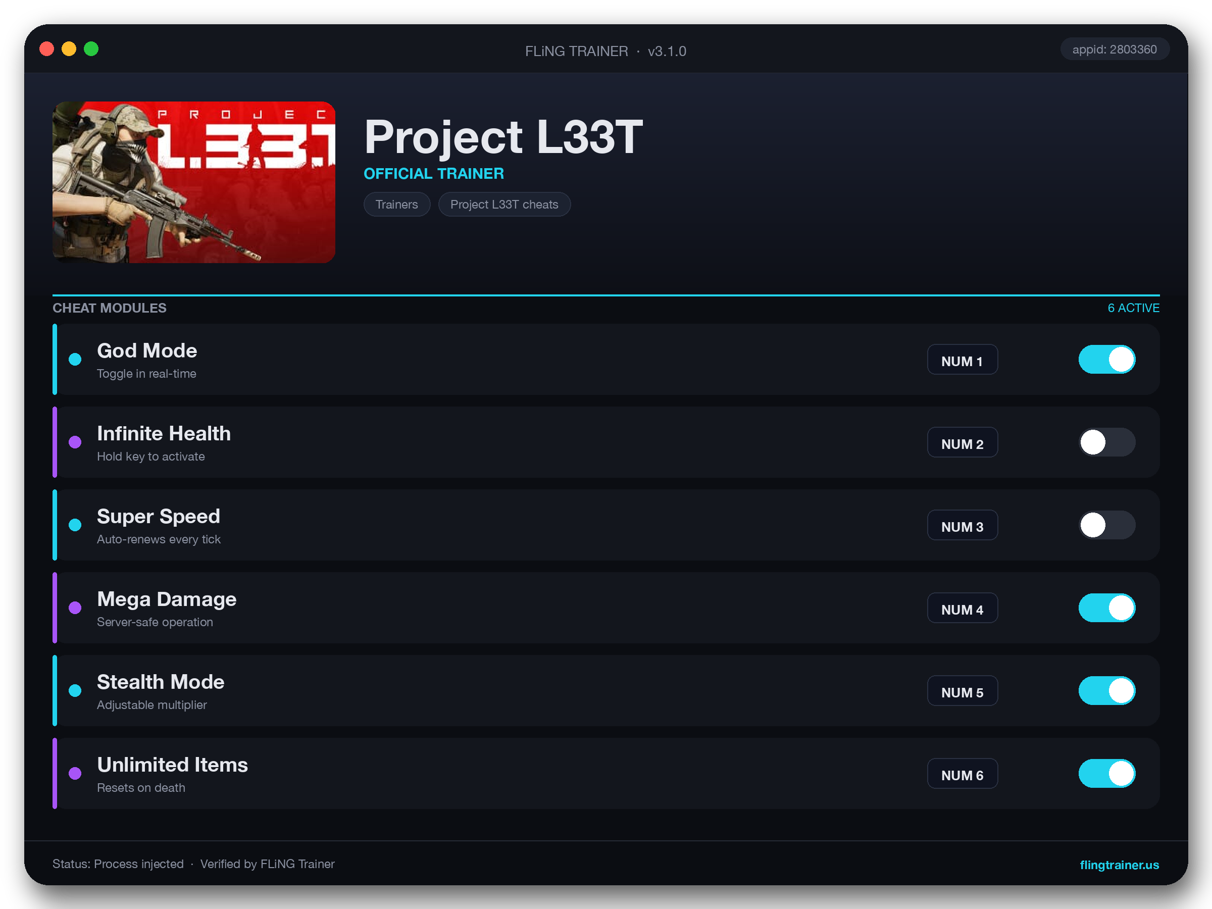 Project L33T Trainer interface