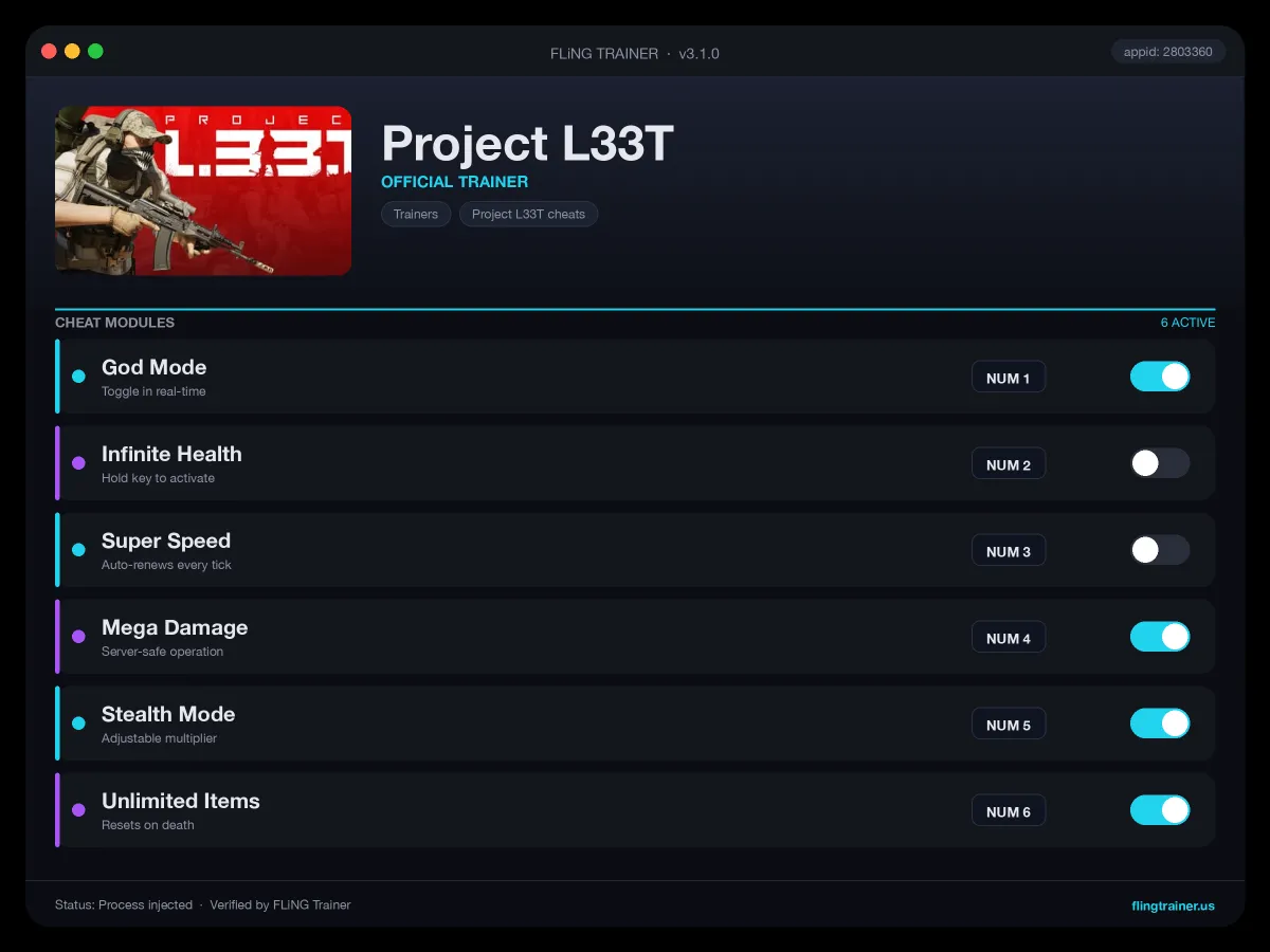 Project L33T Trainer interface