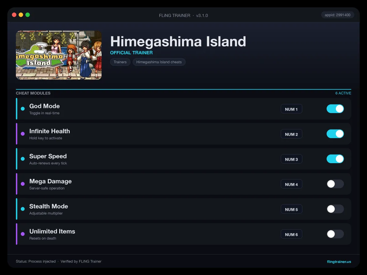 Himegashima Island Trainer interface