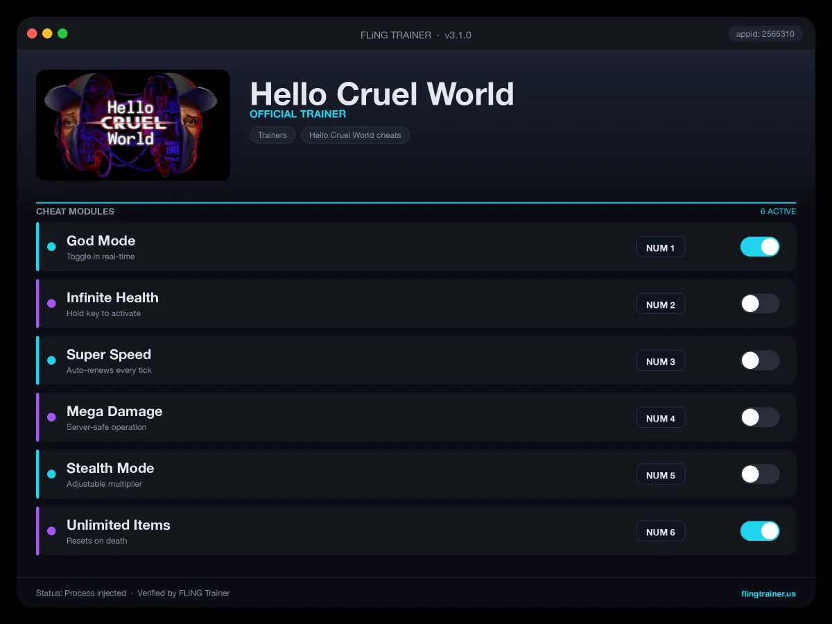 Hello Cruel World Trainer interface