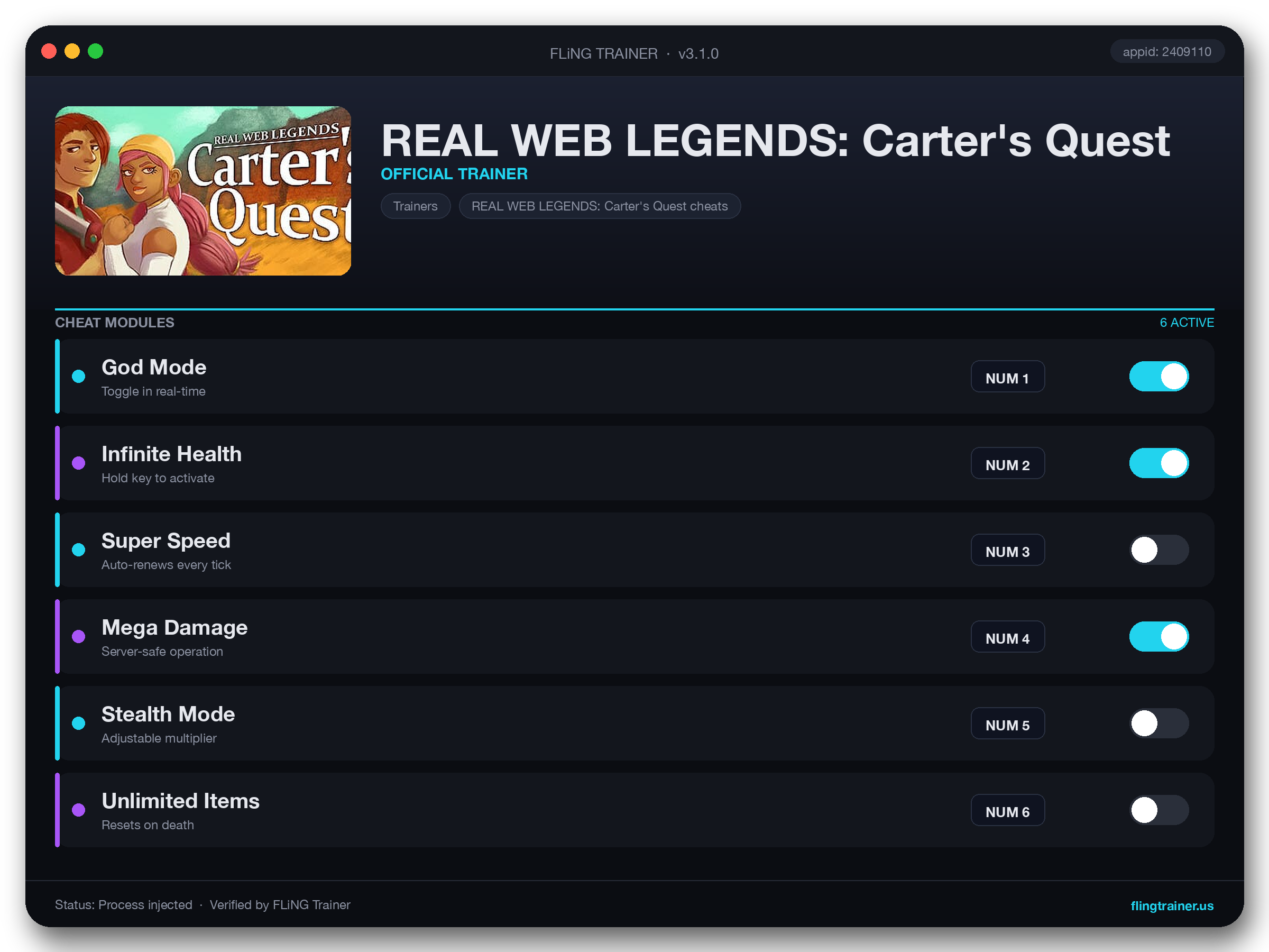 REAL WEB LEGENDS: Carter's Quest Trainer interface