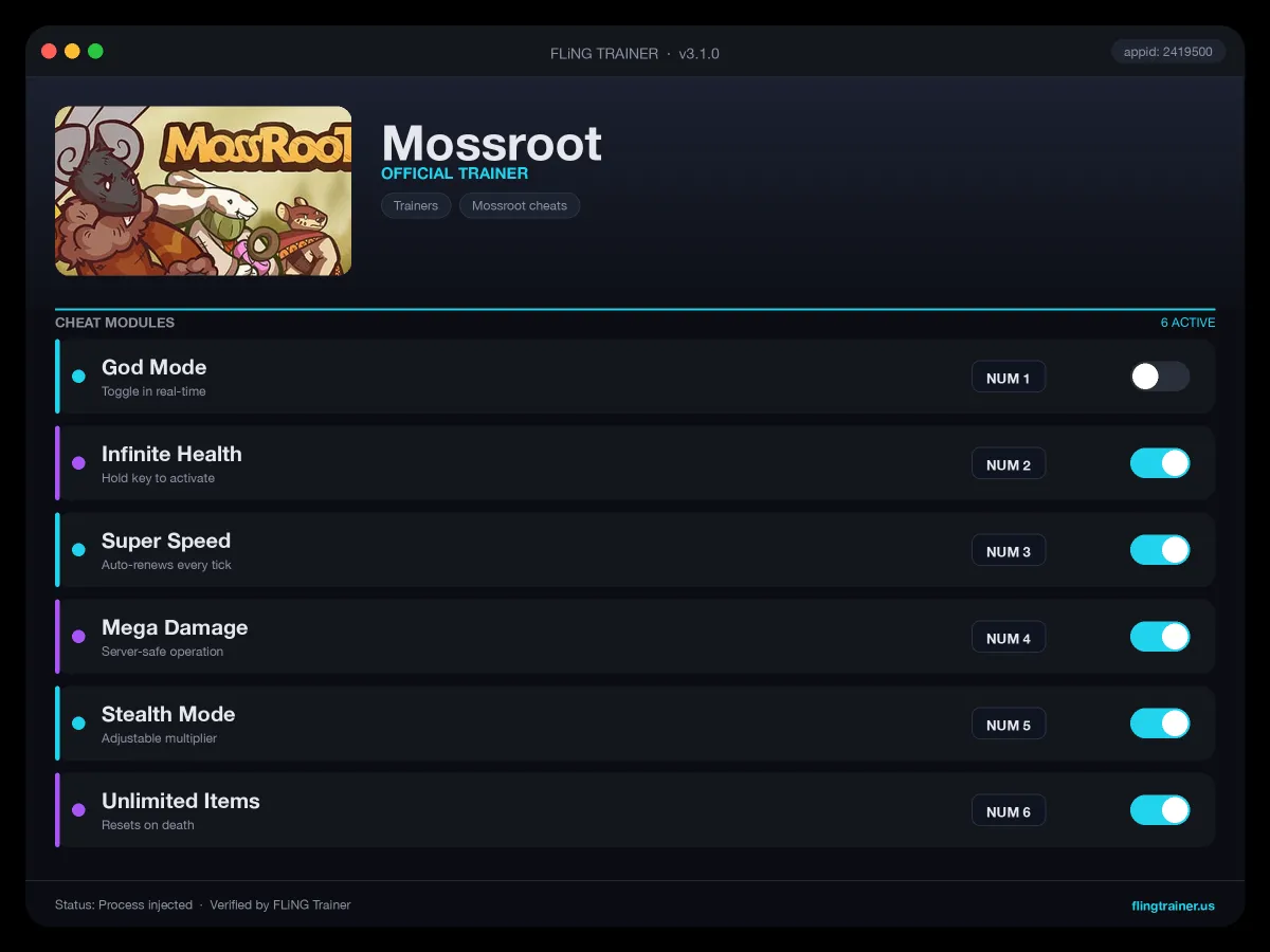 Mossroot Trainer interface