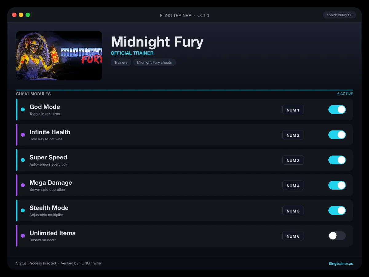 Midnight Fury Trainer interface