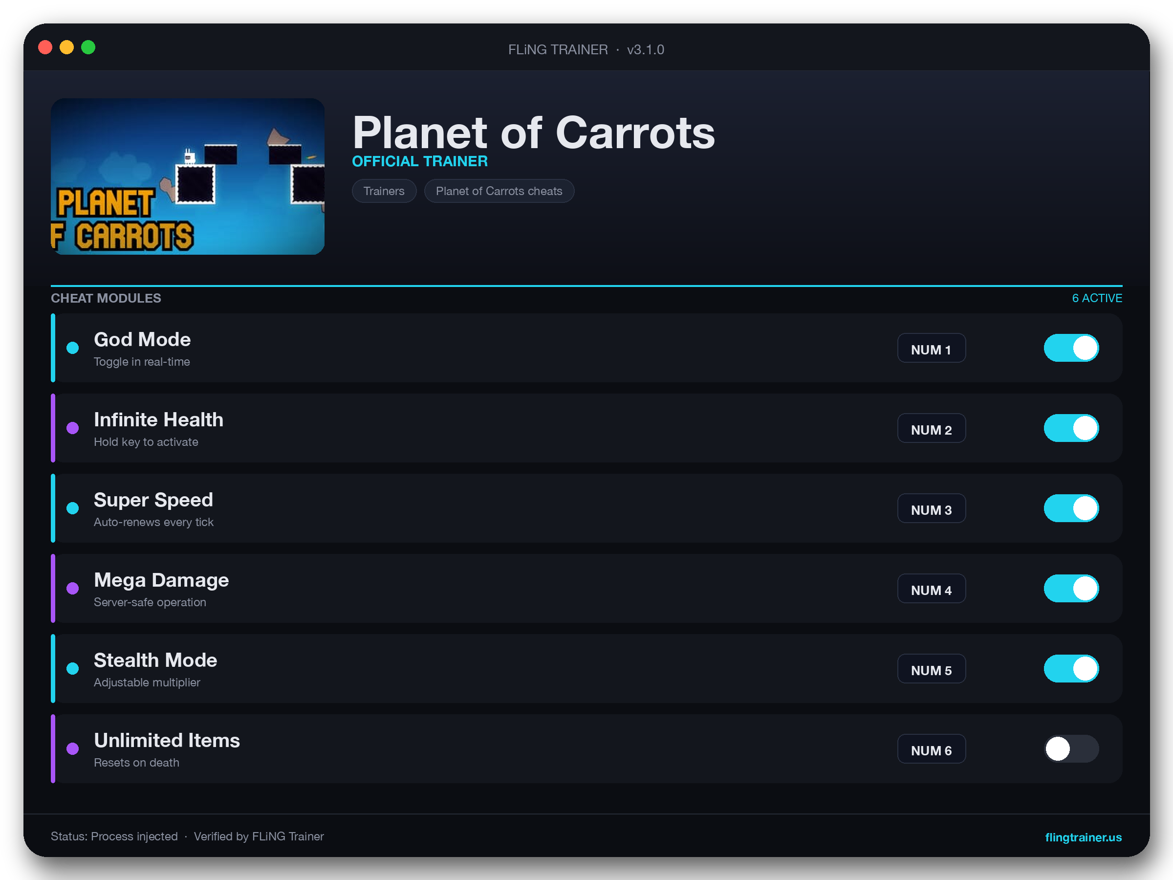 Planet of Carrots Trainer interface