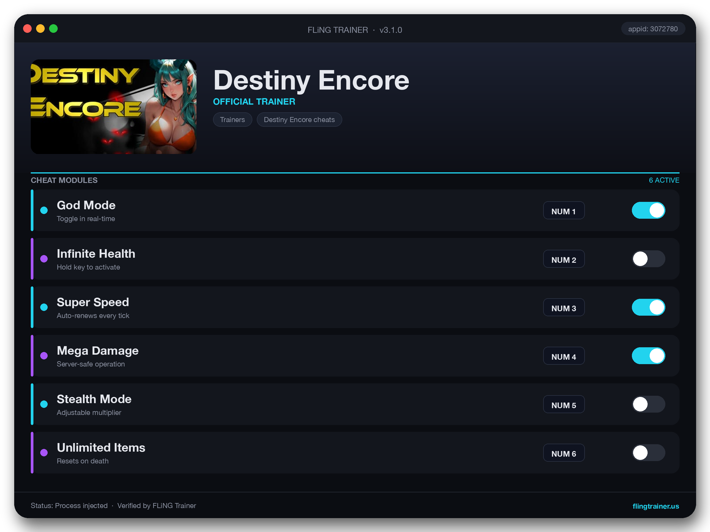Destiny Encore Trainer interface
