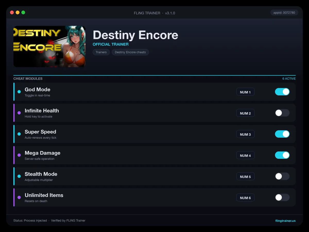 Destiny Encore Trainer interface
