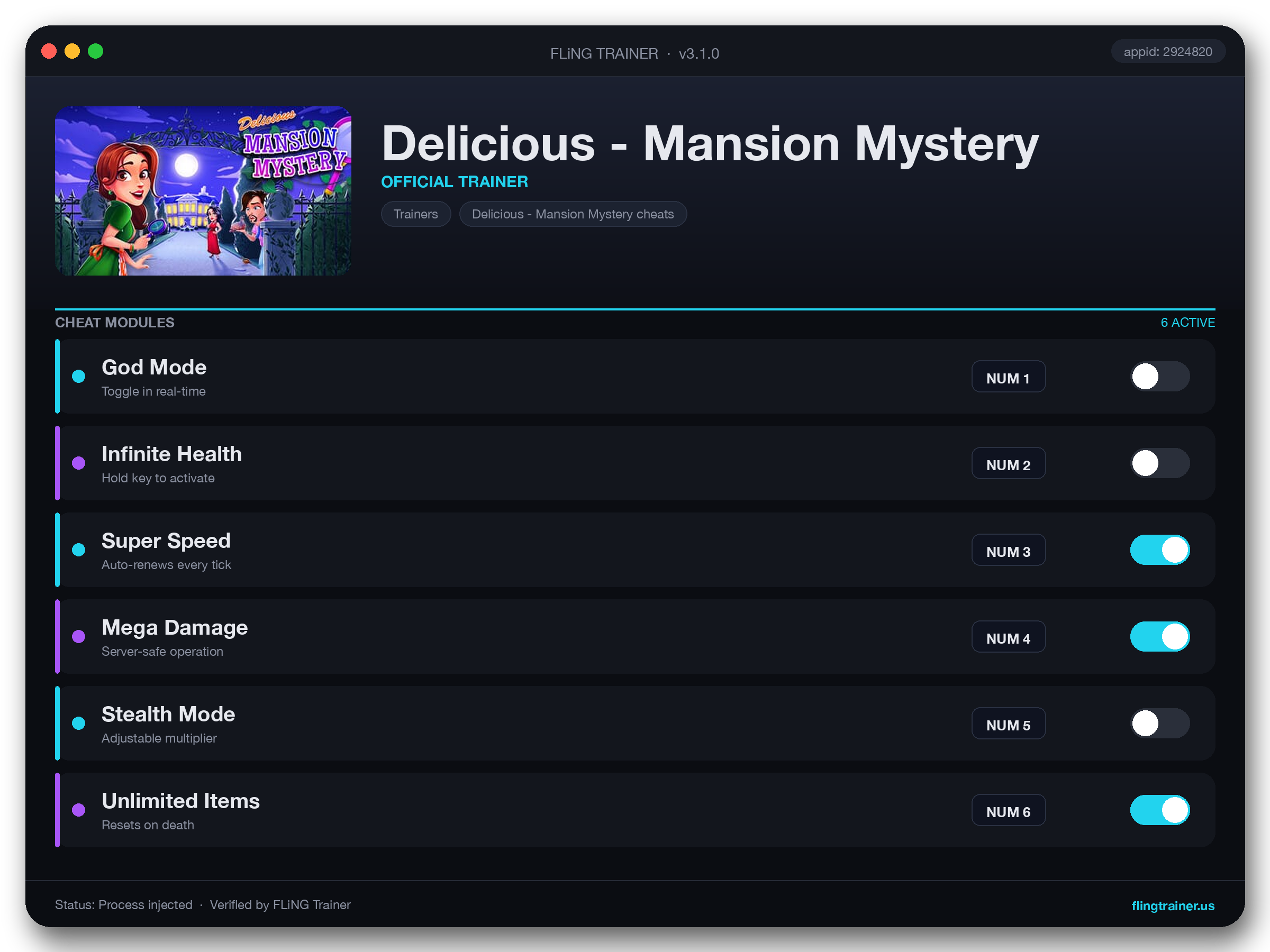 Delicious - Mansion Mystery Trainer interface