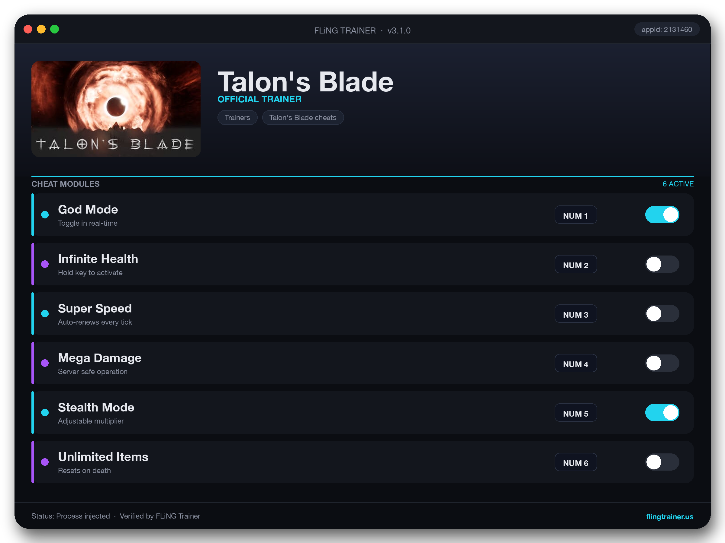 Talon's Blade Trainer interface
