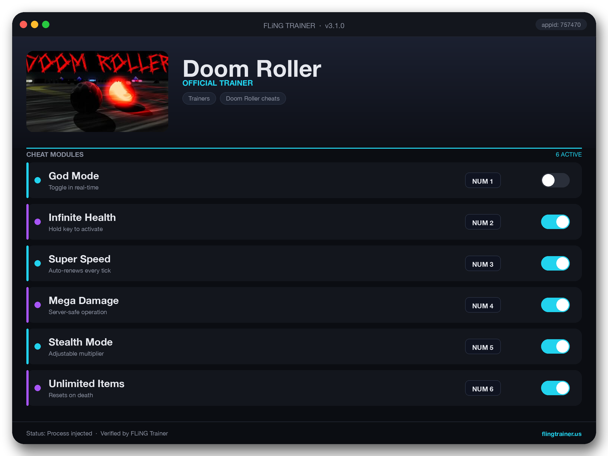 Doom Roller Trainer interface