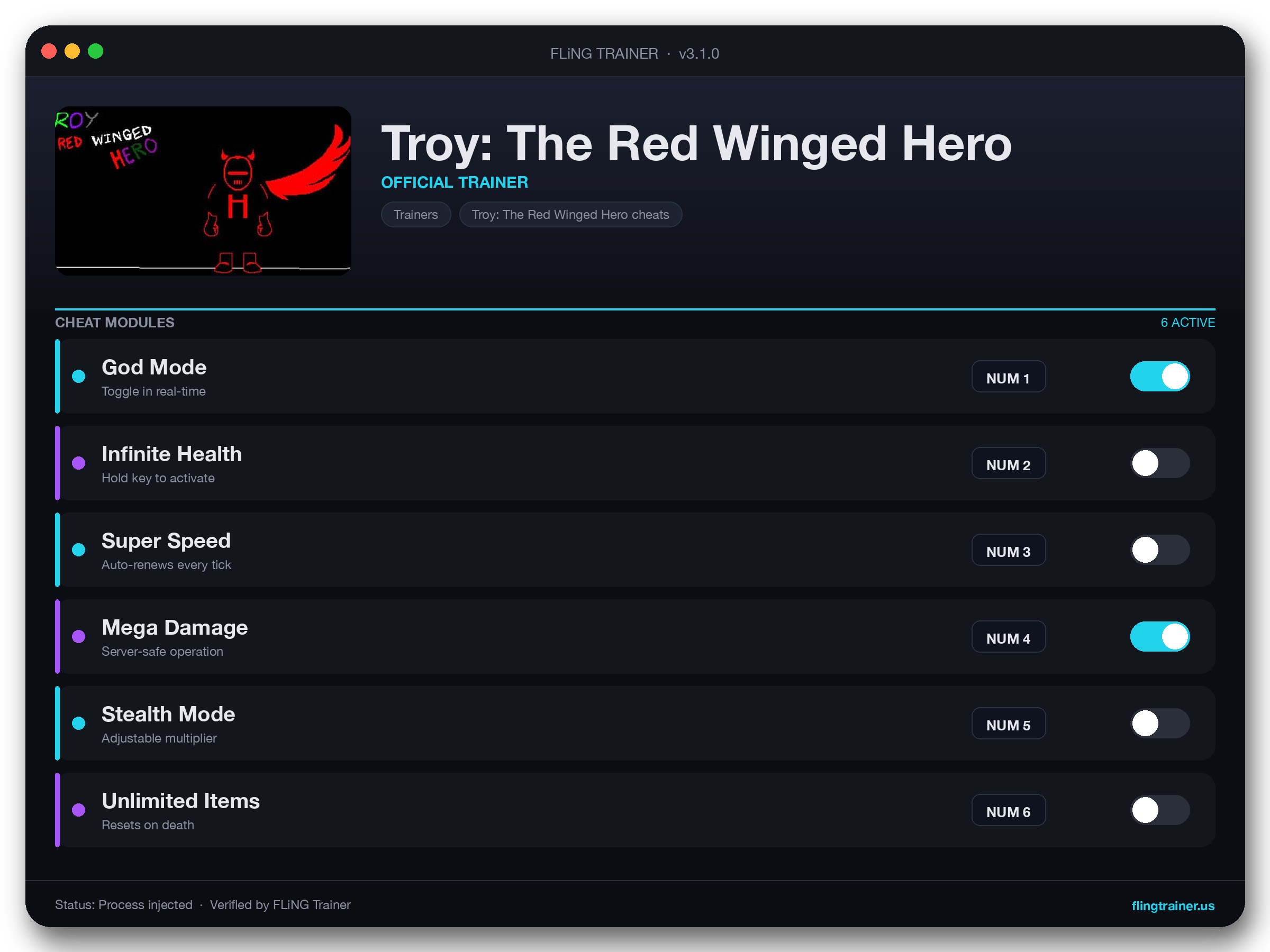 Troy: The Red Winged Hero Trainer interface