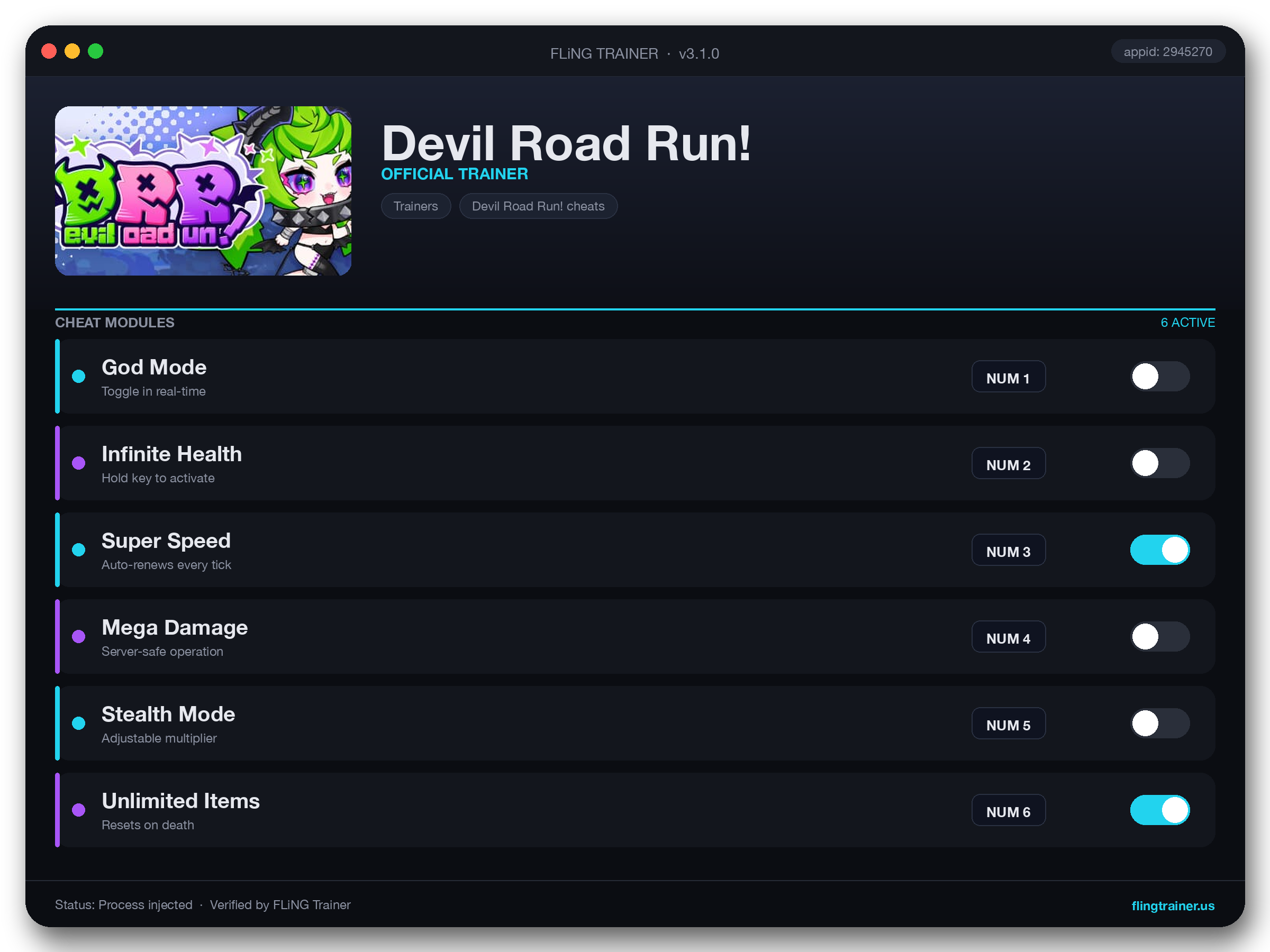 Devil Road Run! Trainer interface